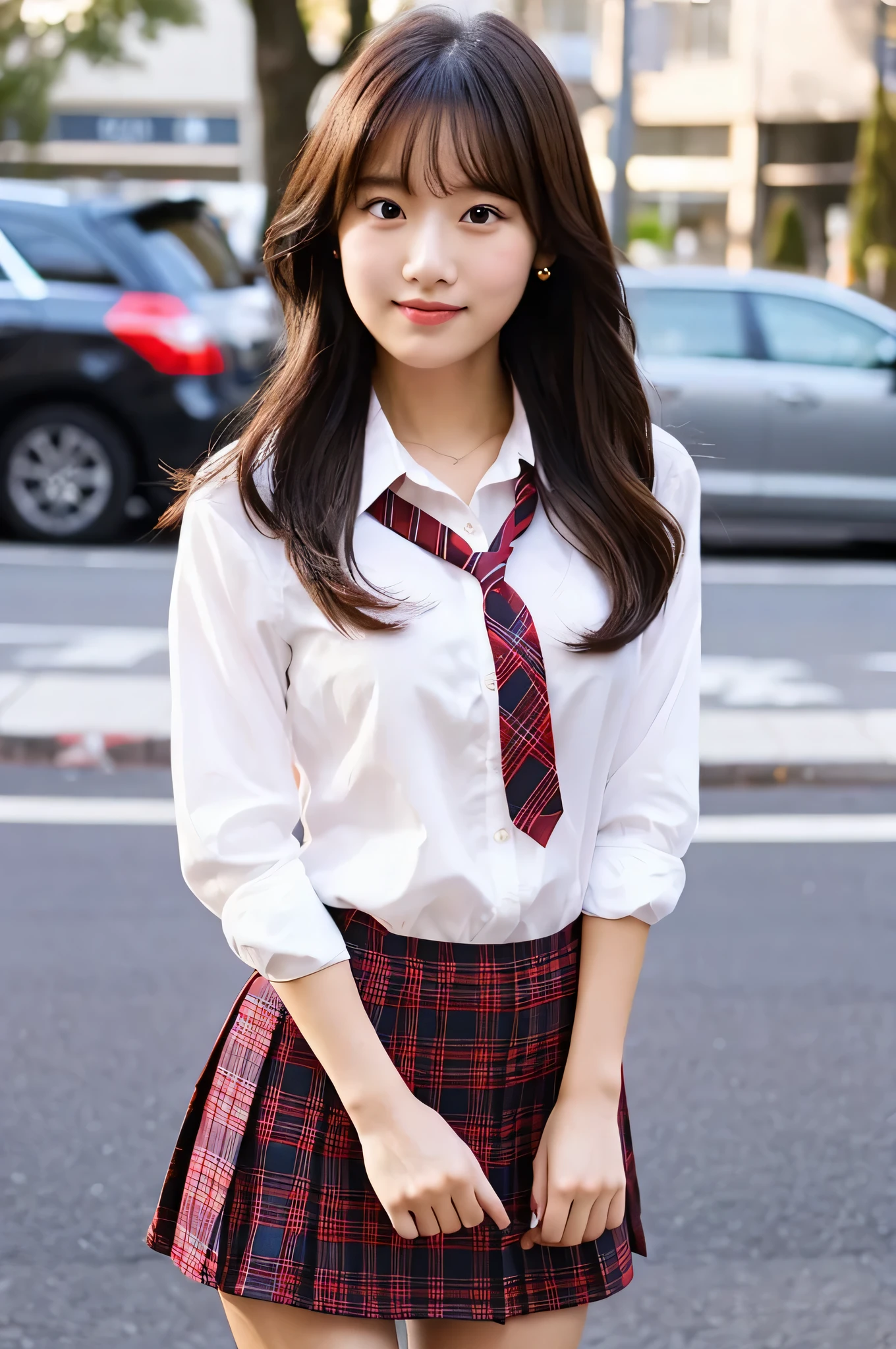 super mini skirt（Red plaid）18 year old high school girl wearing a tie and white shirt.