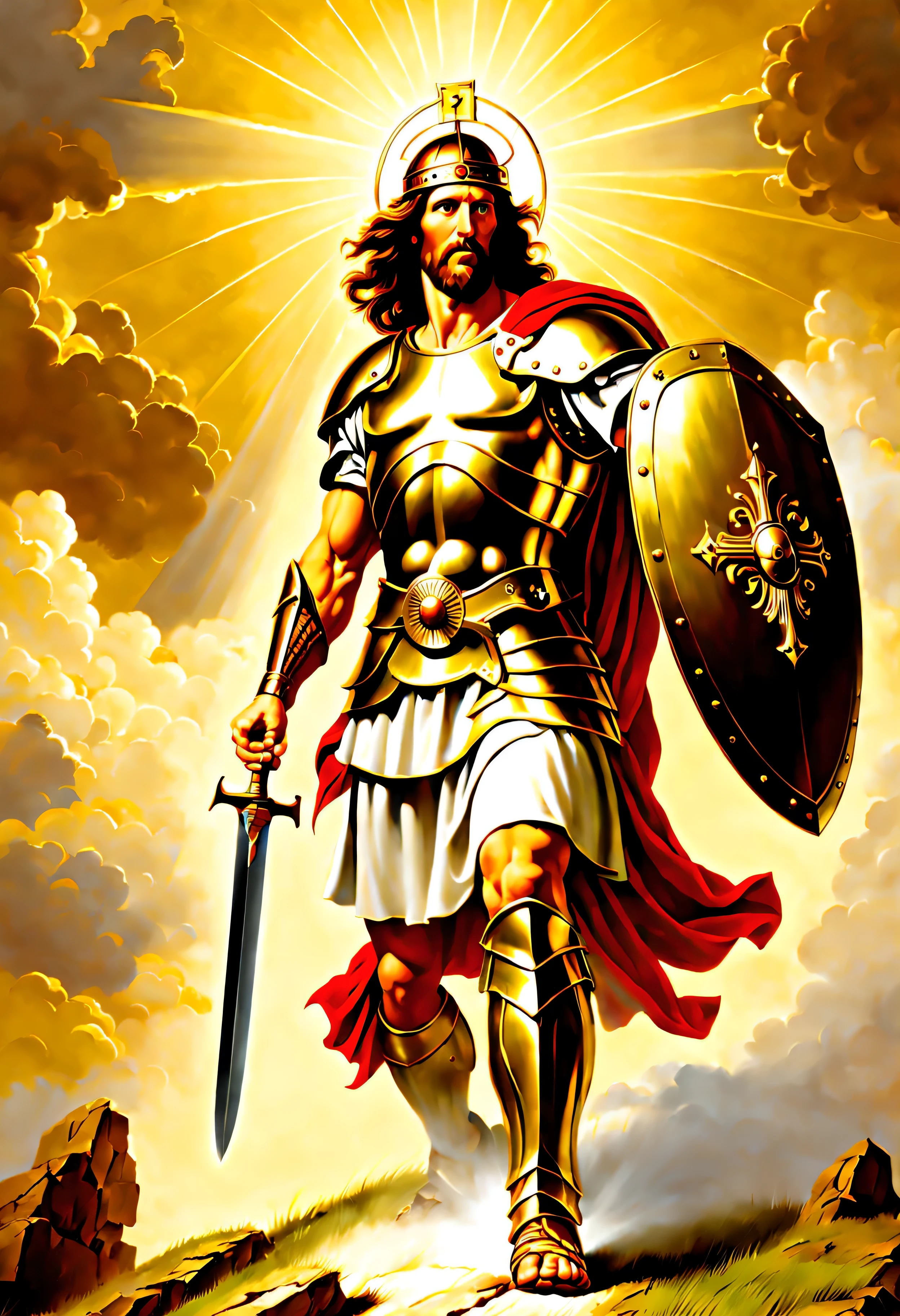 The second coming of Christ as a warrior of God, carrying a shield and sword.