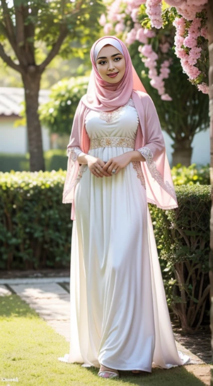 ,RAW, Best quality, high resolution, Masterpiece: 1.3), Beautiful Malay woman in hijab, Masterpiece, Perfect slim body, ((Big breasts)), Beautiful big eyes, Soft smile,Malay woman in hijap a white dress with small floral motifs and a pink shawl, wearing a white hijab, wearing beautiful long clothes, wearing a long flowing cloth, white and pink, white silk clothes, white and light pink clothes, big breasts, wearing white clothes long skirt, wearing elegant clothes, malay beauty, beautiful malay woman, wearing sexy dress top, sultry body with sexy belly, morning time, laughing, happy, bright sunlight, flower garden path, blurred background, bokeh