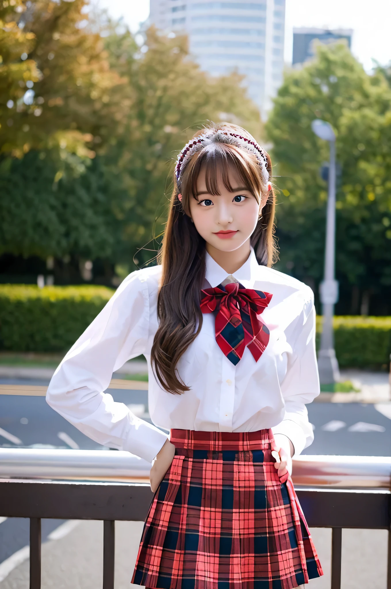 super mini skirt(Red plaid)18 year old high school girl wearing a ribbon and white shirt.