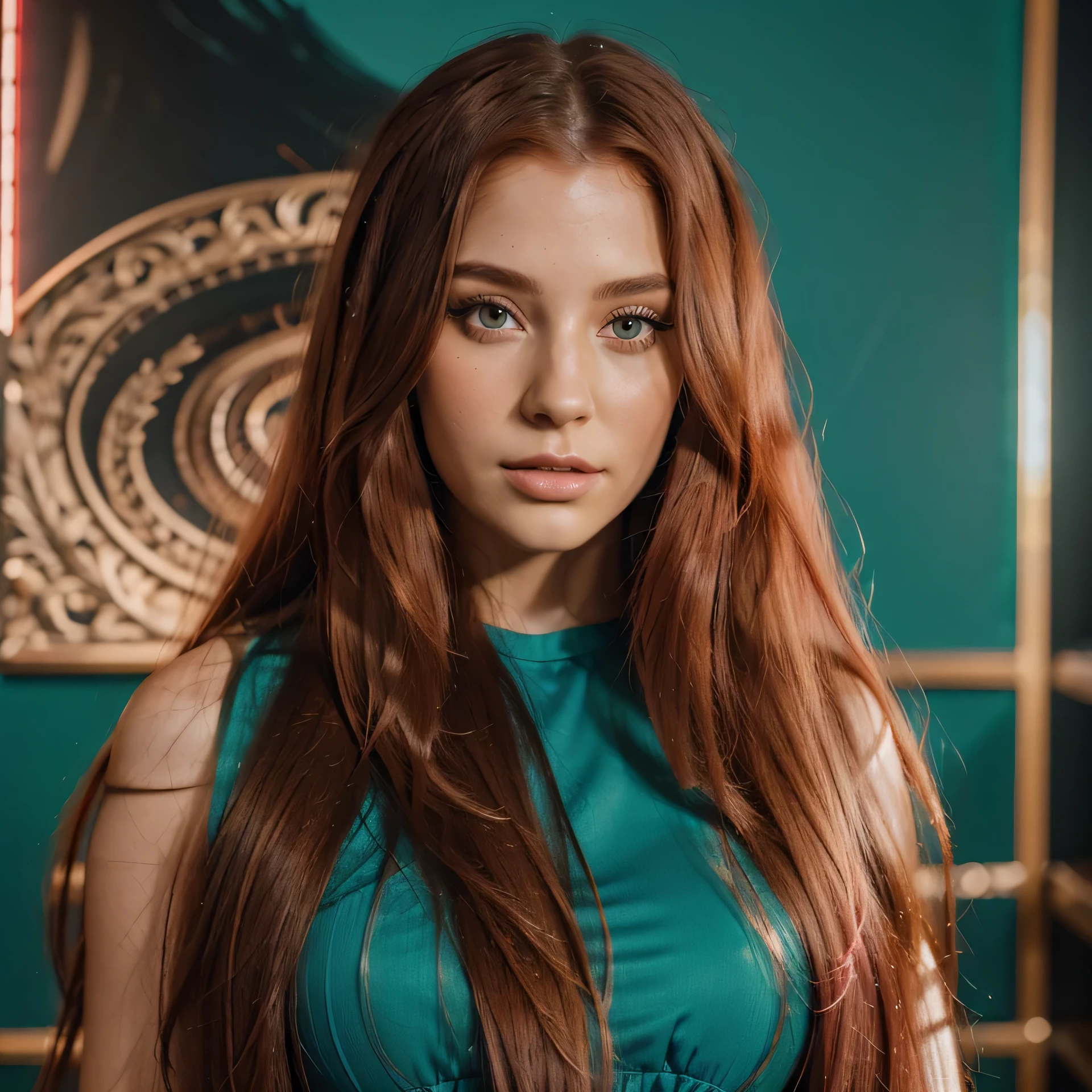 (best quality,4k,8k,highres,masterpiece:1.2),ultra-detailed,realistic,professional,portrait,captivating portrait,California girl with long, flowing red/pink hair,flowing intricate elaborate long straight hair,beautiful detailed eyes,beautiful detailed lips,extremely detailed eyes and face,long eyelashes,red/pink dress,red sunglasses,portrait by Russ Mills,teal background,vibrant colors,vivid colors,studio lighting,portraits