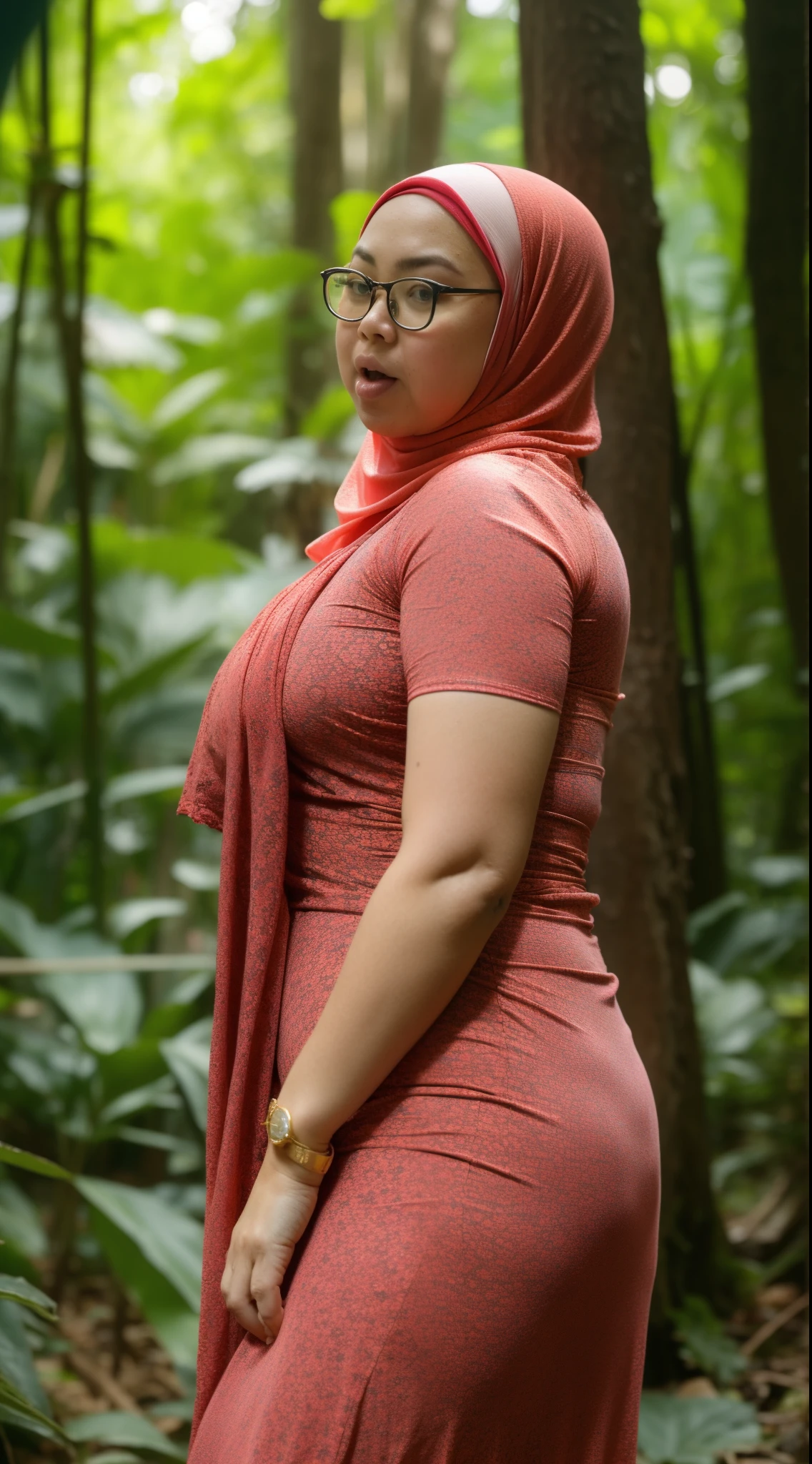 Chubby bbw fat (G-STRING), (Anger), "Oki Setiana Dewi", "Spectacles ", ("Hijab Naked"), Chubby Wearing Lace Bra & Short Hairy Pussy, "Facial expression in anger", "FLUORESCENT Blue", "Red Lips", "Bokeh" My ass is huge Being in the forest 