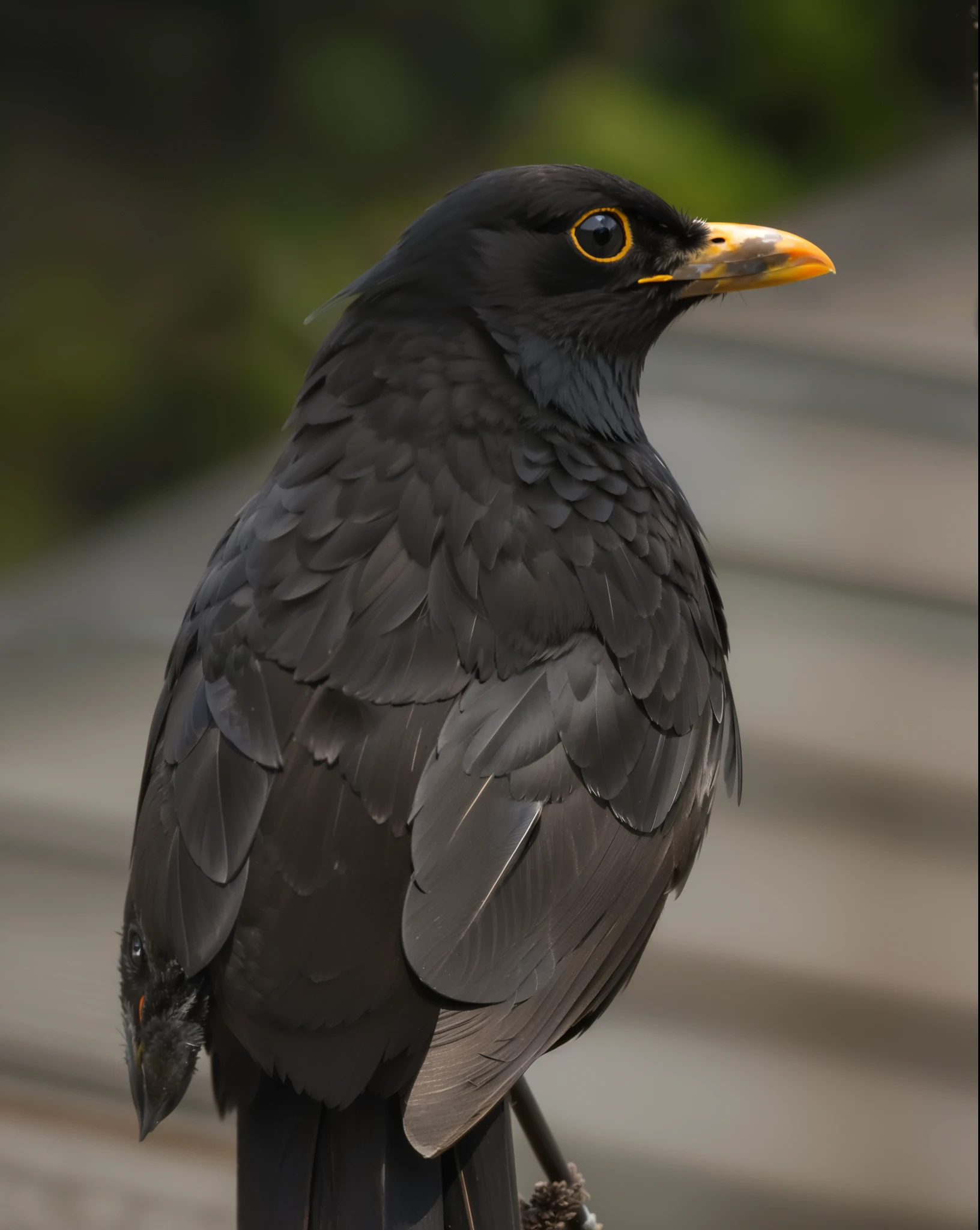 there is a black bird sitting on a wooden post, long thick shiny black beak, proud looking away, closeup photograph, looking threatening, close - up profile, robin, young male, proud looking, closeup photo, smug look, photographed, closeup portrait shot, rounded beak, by Jan Tengnagel, male, very sharp detail, proud look, looking towards the camera