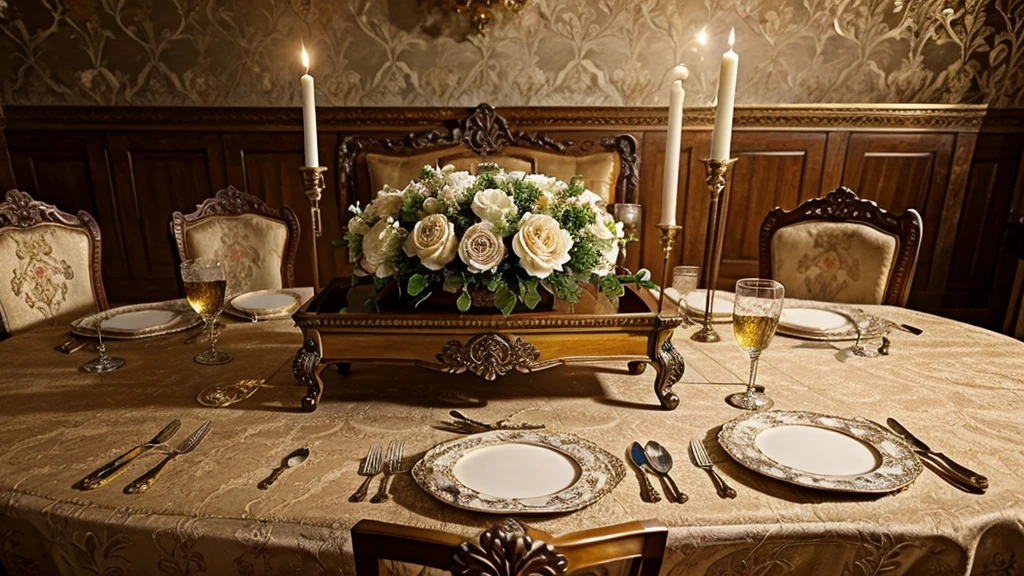 European palace, ornate, vintage wallpaper, floral pattern, antique furniture, floral centerpiece,cutlery and silverware, ornate table decorations,evening in the night