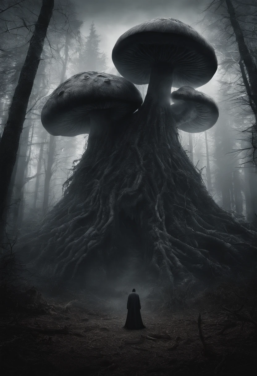 (((best quality))),(((ultra detailed))),(((masterpiece))), a huge scary mushroom monster stands in the forest, it has seven eyes, two mouths, a person with a black cloak standing in front of it
