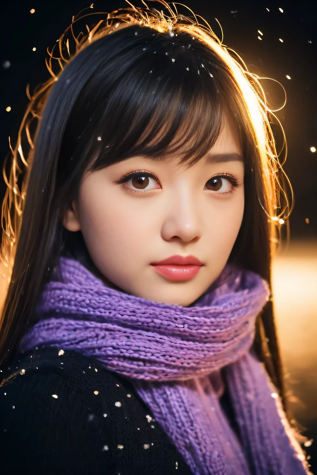 ((no makeup、close your mouth:1.2))、(realistic、Photoreal、Super detailed、best detailed skins、highest quality、masterpiece、ultra high resolution)、cute japanese woman、、high school girl、young girl、1 girl、have bangs、double eyelid、drooling eyes、Japanese style face、purity、double teeth、realistic肌タイプ、thick muffler、Grey muffler、fluffy hair、((hair is inside the scarf:1.3))、red cheeks、the wind is blowing、that'It's snowing、night、illumination、Light is coming in from behind