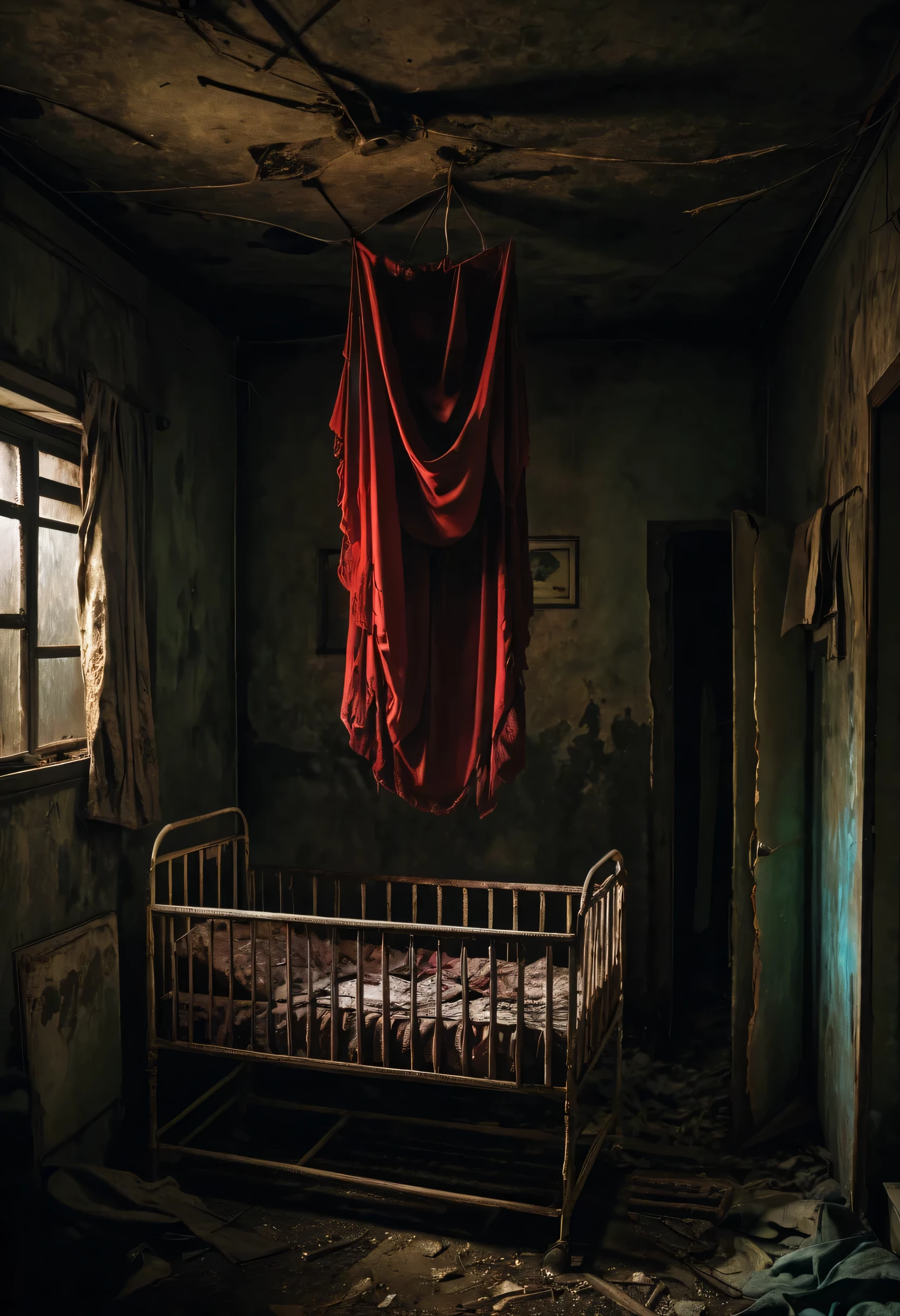 a dark room、Abandoned ward filled with cribs,The lights in the room were dim,The atmosphere is unforgettable。The crib is shabby,dusty。(A ghostly woman in shabby red clothes hangs from the ceiling,her face is covered,strike strange poses)。strange atmosphere。The whole scene exudes a melancholy atmosphere、feelings of fear and uneasiness。Image quality to the highest standard,The resolution is 4K or 8K,Make sure every tiny detail is captured。The level of detail is very high,Provides realistic portrayal。Vibrant colors and professionally produced studio lighting further enhance the visual impact。The work style is dark and scary,With a hint of horror。Color palette leans toward desaturated hues,Intensifying the sinister atmosphere。The lights cast eerie shadows,Increased fear and uncertainty。