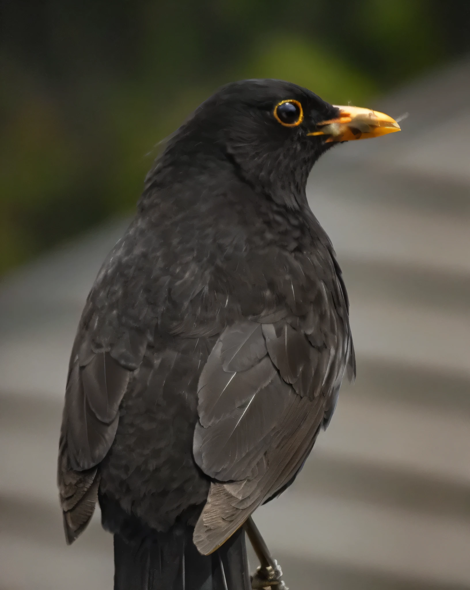 there is a black bird sitting on a wooden post, long thick shiny black beak, proud looking away, closeup photograph, looking threatening, close - up profile, robin, young male, proud looking, closeup photo, smug look, photographed, closeup portrait shot, rounded beak, by Jan Tengnagel, male, very sharp detail, proud look, looking towards the camera