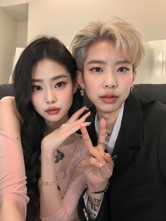 Araffe y una mujer posando para una foto con un hombre, cai xukun, TaeJune Kim, nixeu y sakimichan, kim doyoung, con negro, kda y sam que, pareja adorable, estan cerca el uno del otro, sha xi, con hiedra, artista coreano, sakimichan y frank franzzeta, Jinyoung Shin