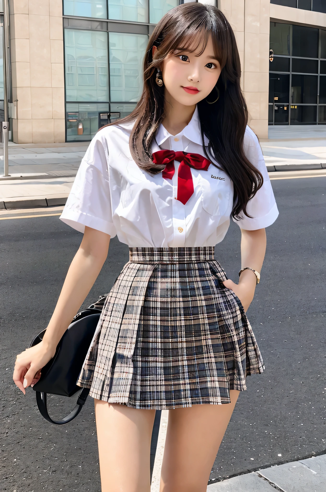 super mini skirt(Red plaid)18 year old high school girl wearing a ribbon and white shirt.