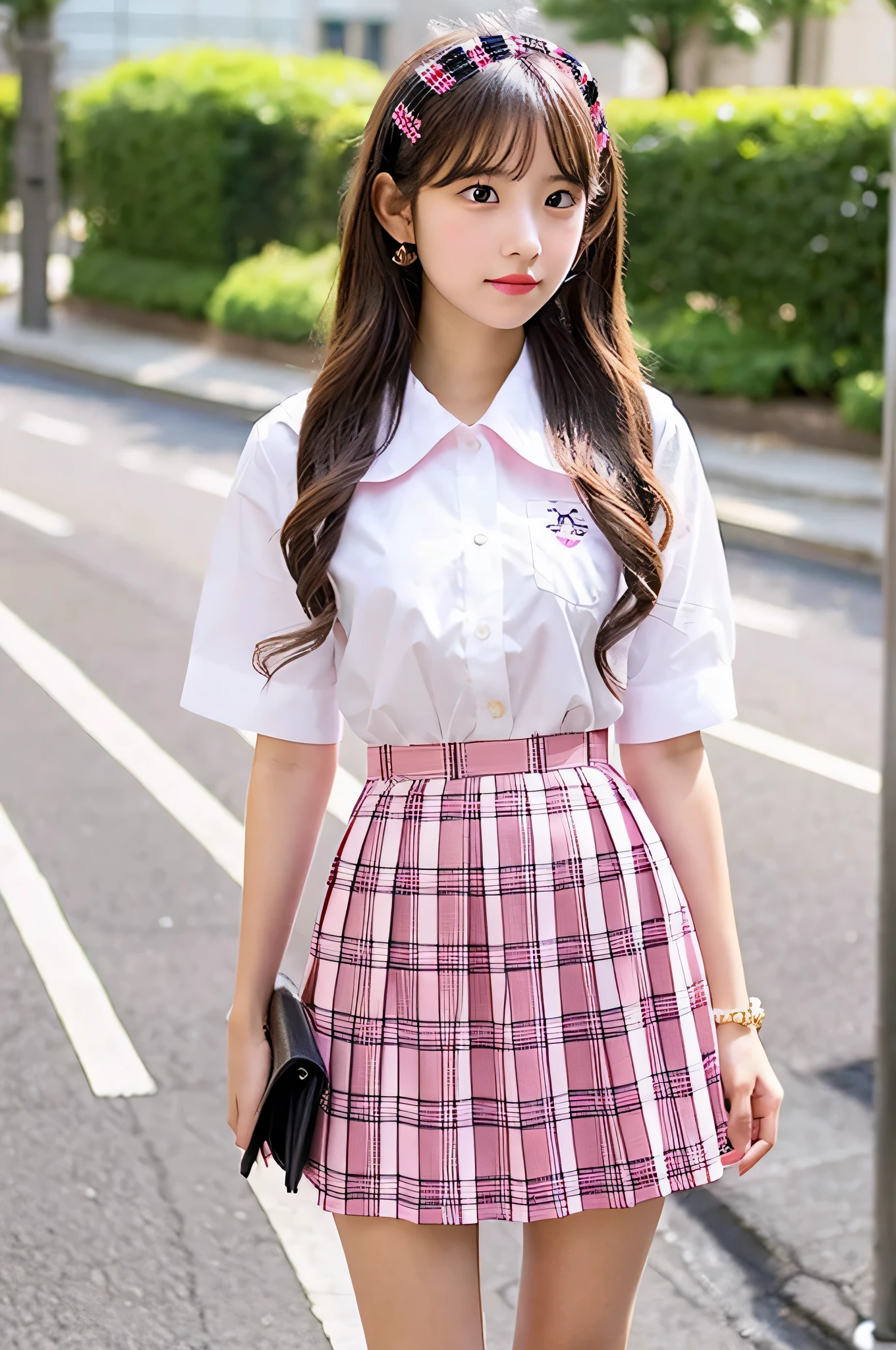 super mini skirt(Pink plaid)18 year old high school girl wearing a ribbon and white shirt.