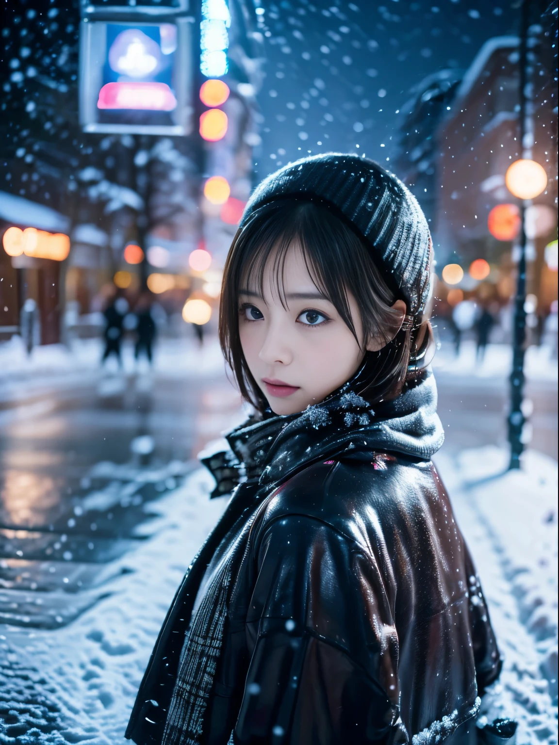 highest quality、masterpiece、ultra high resolution、Live shooting、(photorealistic:1.4)、1 girl、While watching the snow falling quietly. Her introspective and tearful expression、Makes you feel longing and melancholy for winter nights。。。。。。。。、highest quality、hyper hd、Yoshitomo Nara, japanese model, Beautiful Japan wife, with short hair, 27 years old女性モデル, 4km race ], In 4K], 27 years old, Sakimi-chan, Sakimi-chan