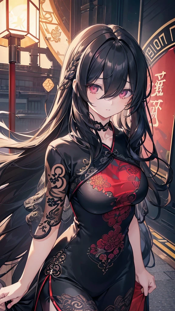 (((((extremely detailed CG unity 8k wallpaper)))), (((ultra-detailed))), (((extremely detailed))), (((best illustration))), best illumination, ((extremely delicate and beautiful)), ((an extremely delicate and beautiful girl)), colorful, modern, (tokyo (city)), ((girl (solo))), ((human)), ((finely detailed beautiful eyes and detailed face)), ((((black hair)))), (((really long hair))), (((hair over right eyes:1.9))), dark hair), ((red eyes(empty))), beautiful detailed eyes, mature female, bishoujo, expressionless, gentle, kind girl, ((black choker)), slender, big breast, (((intricate details))), (black and red Cheongsam Dress), tights