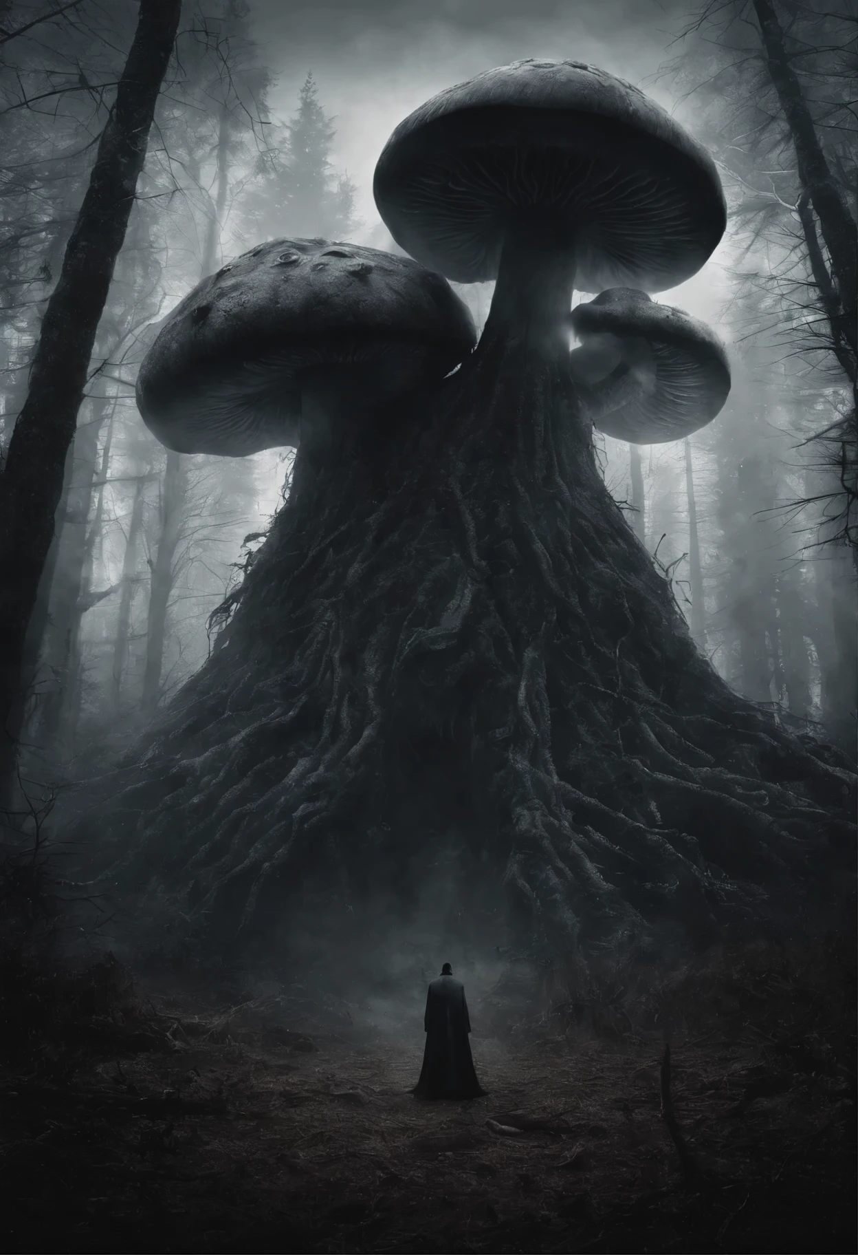 (((best quality))),(((ultra detailed))),(((masterpiece))), a huge scary mushroom monster stands in the forest, it has seven eyes, two mouths, a person with a black cloak standing in front of it