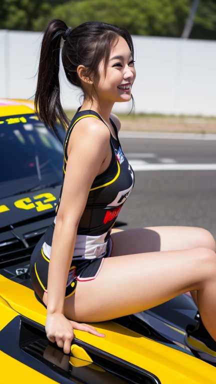 （8K、Raw photography、Highest quality、masterpiece：1.2),(Black Hair、Dark Eyes:1.9),(:1.6)、View your audience,Viewed from the front,White skin,(ponytail:1.3)、(Tight waist:1.6)、(Clothes that accentuate the shape of the breasts:1.0)、(Big Breasts :1.3)、Slim figure、Ultra-high resolution,beautiful,beautiful fece,(One person、No background:1.9),whole bodyボディー,Japanese women,（reality的：1.37）、Photon Mapping,reality、(-faced and cute: 1.2)、(Cute Smile: 1.8)、(Round face: 1.8)、Radio City、Physically Based Rendering、Depth of field rally background、photograph, (I can see your knees、Thigh close-up:1.8),（:1.6）,whole body、Great quality
