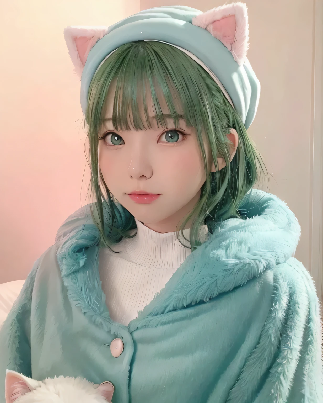 theme:Giaratoni、1 girl、((Close up side head shot))、 masterpiece, , 8K, Super detailed, pixiv、Because I&#39;m slender、flat body、cute、、((Cyan eyes:1.3),、(wearing a moss green fur coat))、((Moss Green Hair))、((white and pink cat ears))、(A very small cyan beret between the ears:1.2)