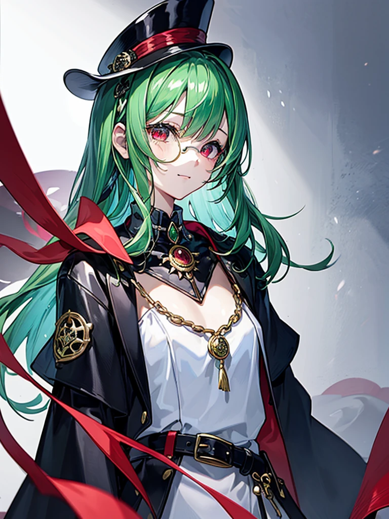 (((masterpiece、Highest image quality、highest quality、highly detailed unity 8kwallpaper)))、((Illustration of one girl、upper body))、(((beautiful girl)))、(Emerald green hair、messy hair、sidelocks:1.2、red eyes、crazy smile)、(((flat chest)))、(((monocle)))、pocket watch、(((Black top hat、Black tuxedo、belt、Smoke pipes)))