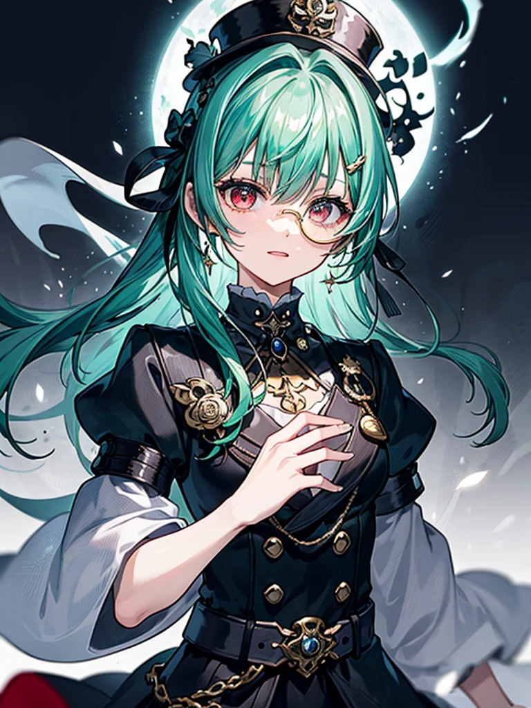 （（（masterpiece、Highest image quality、highest quality、highly detailed unity 8ｋwallpaper）））、（（Illustration of one girl、upper body））、（（（beautiful girl）））、（Emerald green hair、messy hair、sidelocks：1.2、red eyes、crazy smile）、（（（flat chest）））、（（（monocle）））、pocket watch、（（（Black top hat、Black tuxedo、belt、Smoke pipes）））