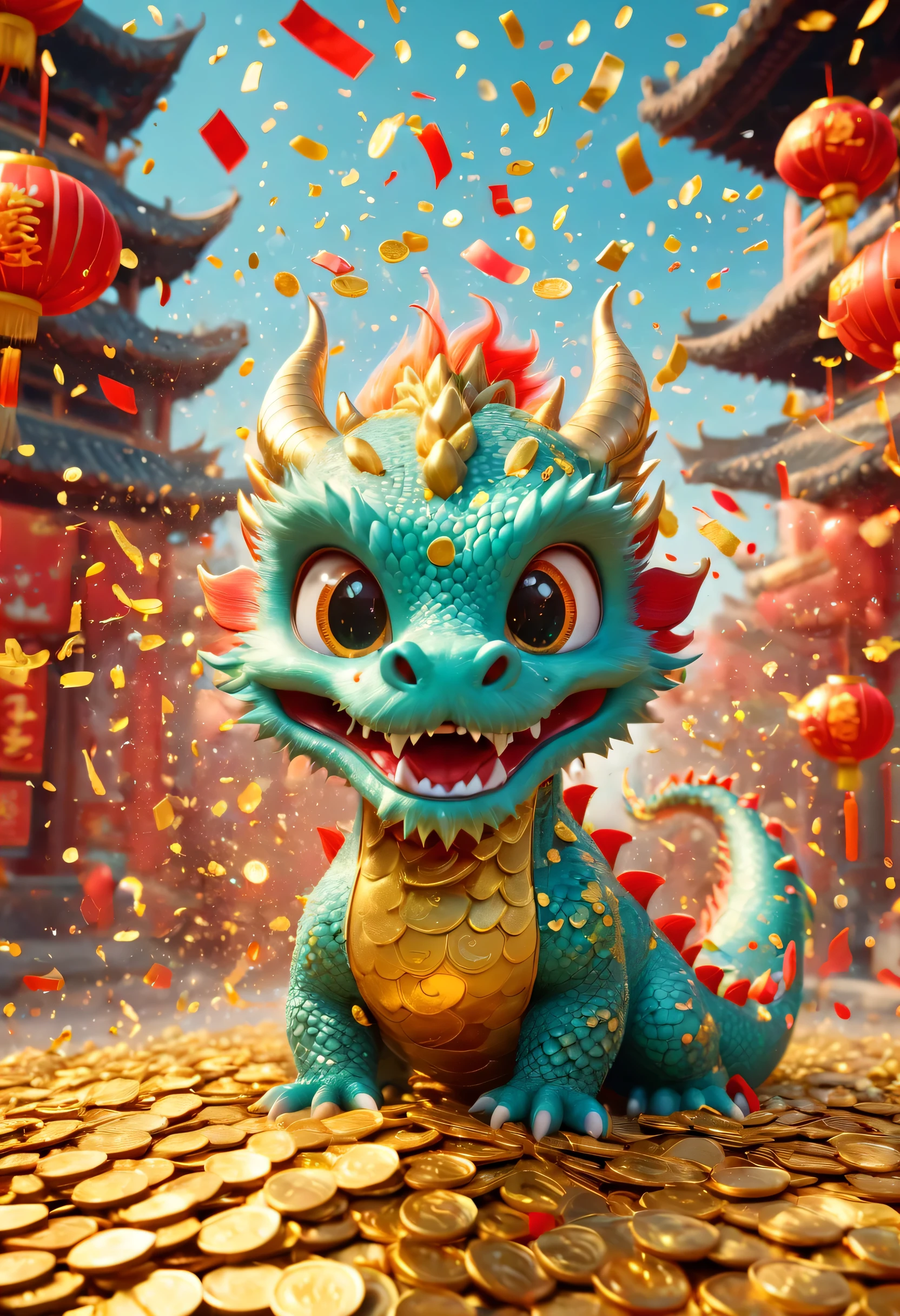 Chinese Lunar New Year has arrived， oriental dragon，cyan furry body，Big head，Silly dragon，Funny expressions，Many gold coins burst out from firecrackers，Red and gold confetti flying in the sky，Gold coin rain，A strong festive atmosphere，It was very lively。symmetry