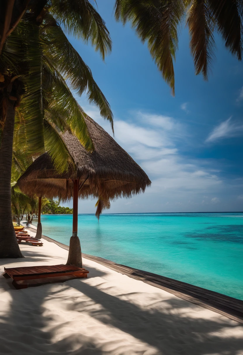 Morning beach in the Maldives, palm trees, shadow, on the right side you can see the facade of the beach cafe
