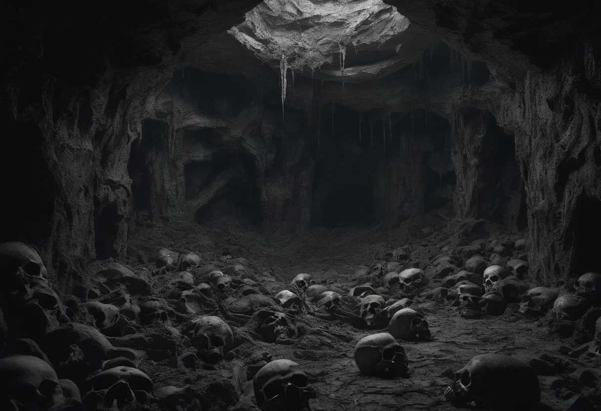 highest quality,super detailed, (cave)、(Anti-aircraft trenches)、A lot of skulls piled up