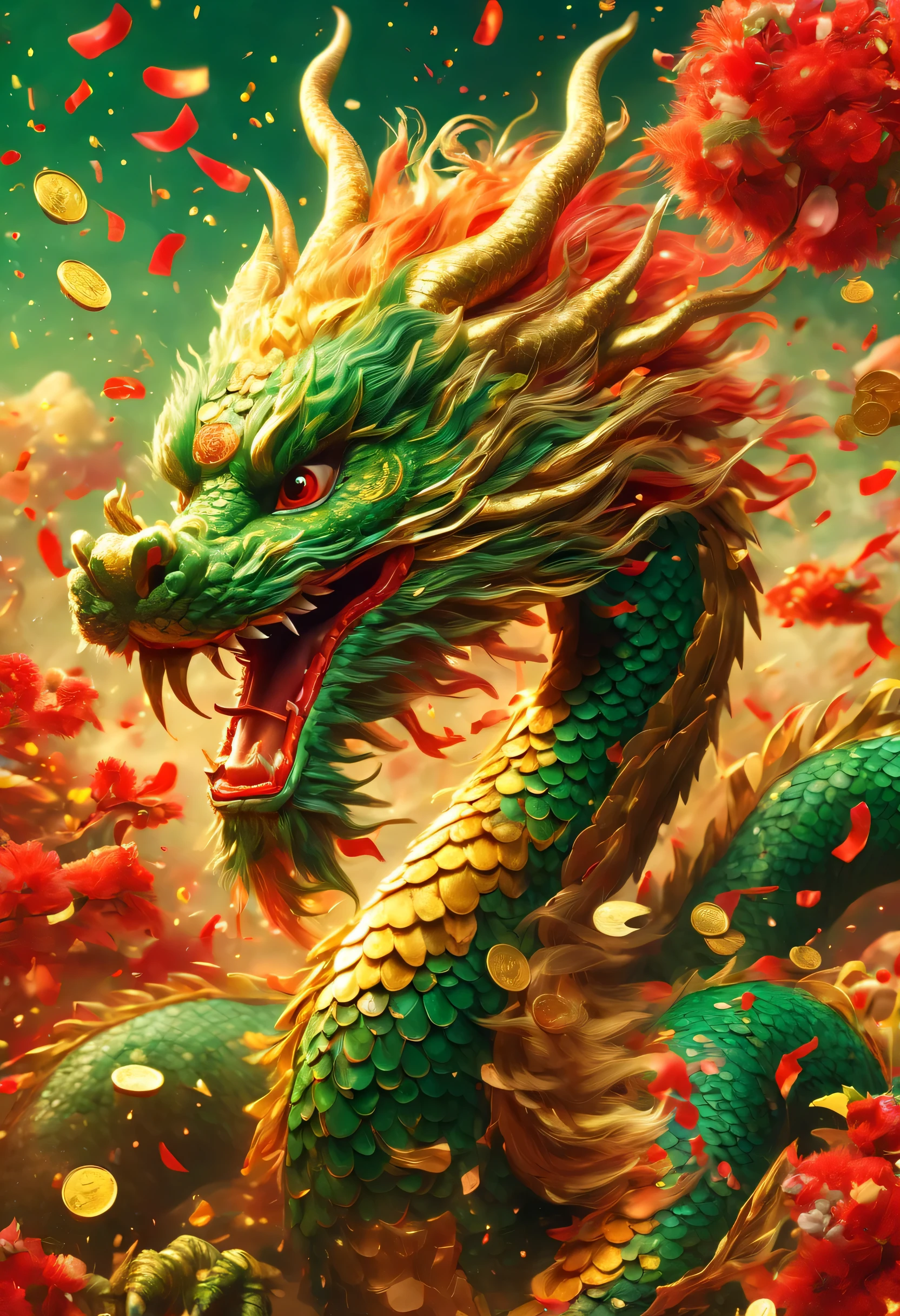 Chinese Lunar New Year has arrived,Oriental dragon close-up,big furry head,hairy body,green,color。There are many gold coins in the air,Red and gold confetti flying in the sky,Gold coin rain,A strong festive atmosphere,It was very lively。symmetry