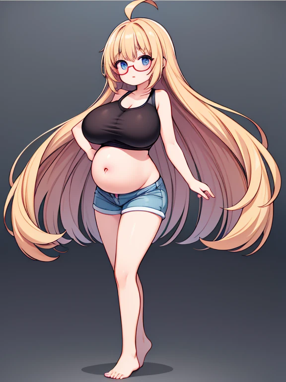 (Very high quality, detailed) An image of a full body pregnant girl with a round belly, long hair, very big breasts and a huge ass. She's standing barefoot with her hands on her belly. She's wearing a crop top, very thight shorts and glasses.