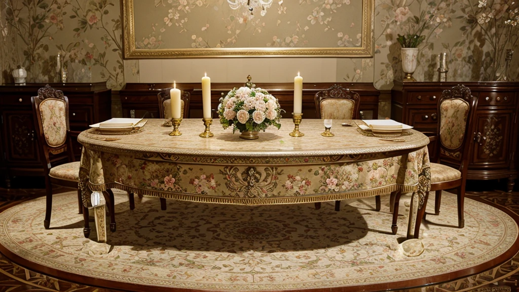 ornate, vintage wallpaper, floral pattern, antique furniture, floral centerpiece,cutlery and silverware, ornate table decorations,European palace, evening in the night