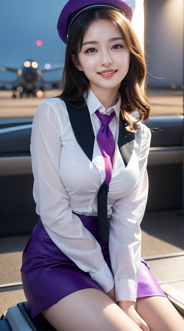 (((full body,including legs、sitting down,opened legs apart)))、(((perfect uniform of Japanese stewardess, perple uniform,necktie, purple vest-dress uniform、purple small hat, (black high-heel), little smile,white blouse,tight blouse、purple tight skirt))), white gloves, short gloves, high heel、transparant nipples,Dressed up、(Photo real:1.4)、(A hyper-realistic:1.4)、(Photorealistic:1.3)、 (gentle lighting: 1.05)、(Improve the lighting quality of your video:0.9)、32k、 1Girl、28years old girl、photorealistic lighting、Back lighting、Facial Lights、Ray Trace、(bright:1.2)、(Increase quality:1.4)、 (best quality real texture skin)、Fair eyes,Delicate and delicate face, Close-up of the breasts, white blouse,tight blouse,tight jump-skirt , (Bodyline mood improvement:1.1)、Glossy skin、wavy hair,blonde hair,韓国アイドル、乃木坂アイドル、Sculptural Idol Pose、little smile,blush,Beautiful actress、Neat woman,whole body, (((midium breasts,beautiful breasts))),(perfect row of teeth),slender waist and hip,beautiful long legull shot)、((8heads tall)、(((誘惑している、恥ずかしい)))、dynamic pose,gravure pose,(eye shadow),((red cheek、red lips)),Super Clean Night View、night time、blush,little smile,(((full shot)))、Super Clean Night View、night time、blush,little smile,(((in the air plane))),