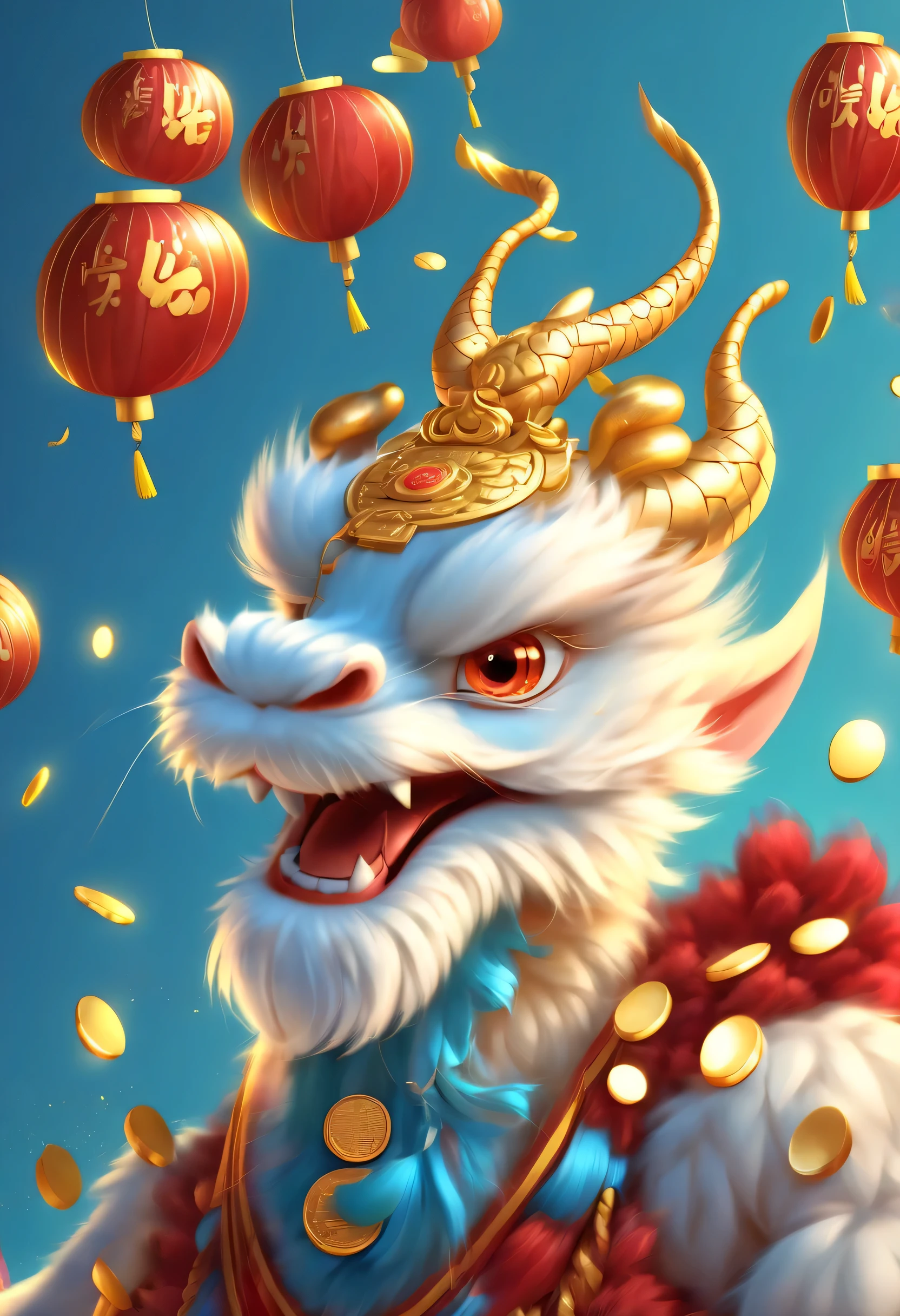 Chinese Lunar New Year has arrived， oriental dragon，cyan furry body，Silly dragon，Funny expressions，Lovely，Many gold coins burst out from firecrackers，Red and gold confetti flying in the sky，（Gold coin rain），A strong festive atmosphere，It was very lively。