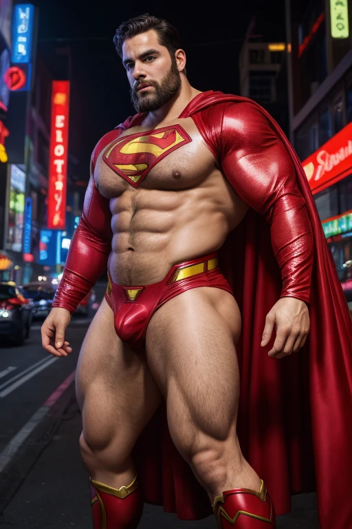 portrait, homoerotic, Hot superman cosplay, dadbod, hairy(stocky), tight costume, superman costume, muscular, beefy, beard, cute, full body, well built, intricate details, neon city