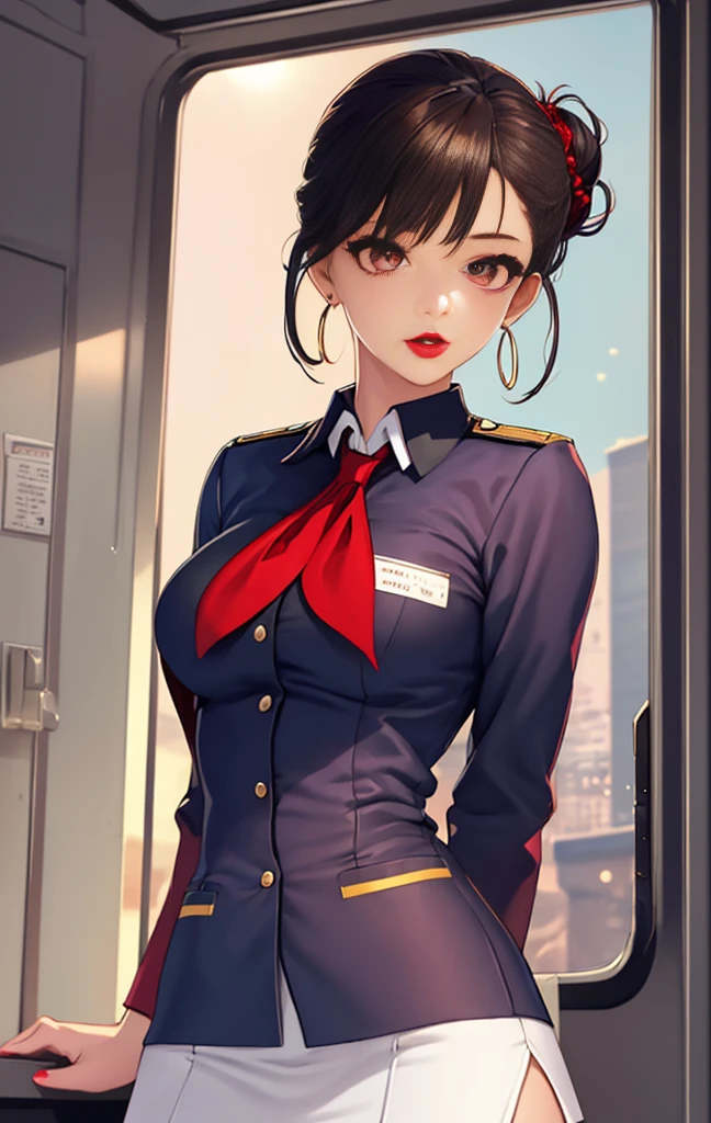 master piece,Best Quality,highest quality,Ultra-detailed,ultra high resolution,extremely detailed CG unity 8k wallpaper,Illustration,Detailed skin,Shiny skin,Realistic,Beautiful detailed eyes,luscious eyes,striking eyes,Perfect Anatomy, gleaming skin,oily skin,1girl in,Solo, cabin attendant uniform,flight attendant uniform,light blue blouse,dark blue slit tight skirt,red neckerchief,earrings,high heels,stockings,middle hair,half updo,dark brown hair,red lips,(((upper body))),(((half updo,red lips))),