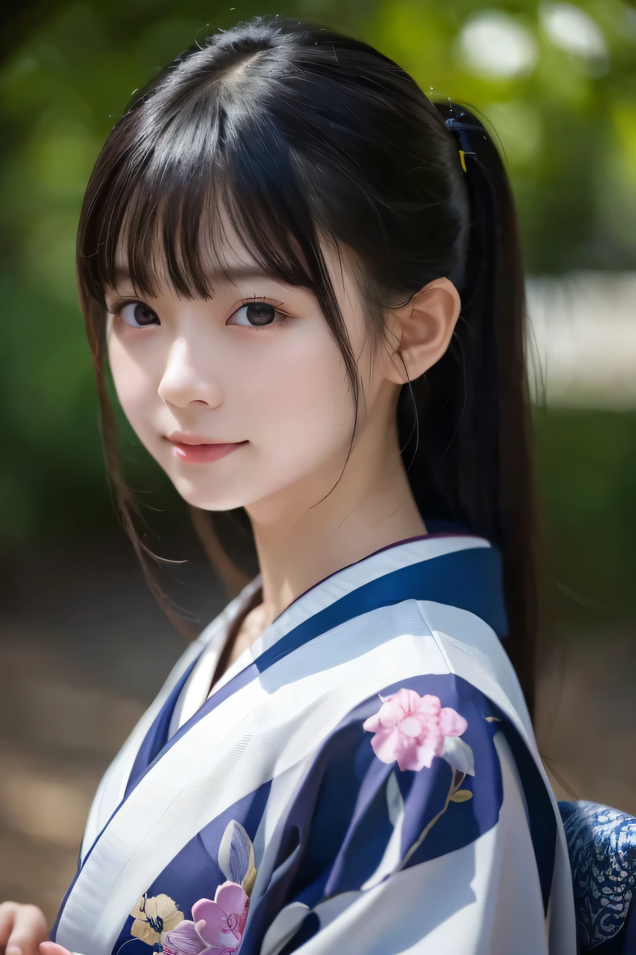 (kimono)、((15 years old))、random pose、(highest quality,masterpiece:1.3,ultra high resolution,),(Super detailed,caustics),(realistic:1.4,RAW shooting,)ultra-realistic capture,very detailed,High resolution 16K human skin closeup、 Natural skin texture、、Skin tone looks even and healthy、 Use natural light and color,1 girl,Japanese,,hip line, cute,black hair,medium hair,,smile,,(written boundary depth、chromatic aberration、、wide range of lighting、natural shading、)、