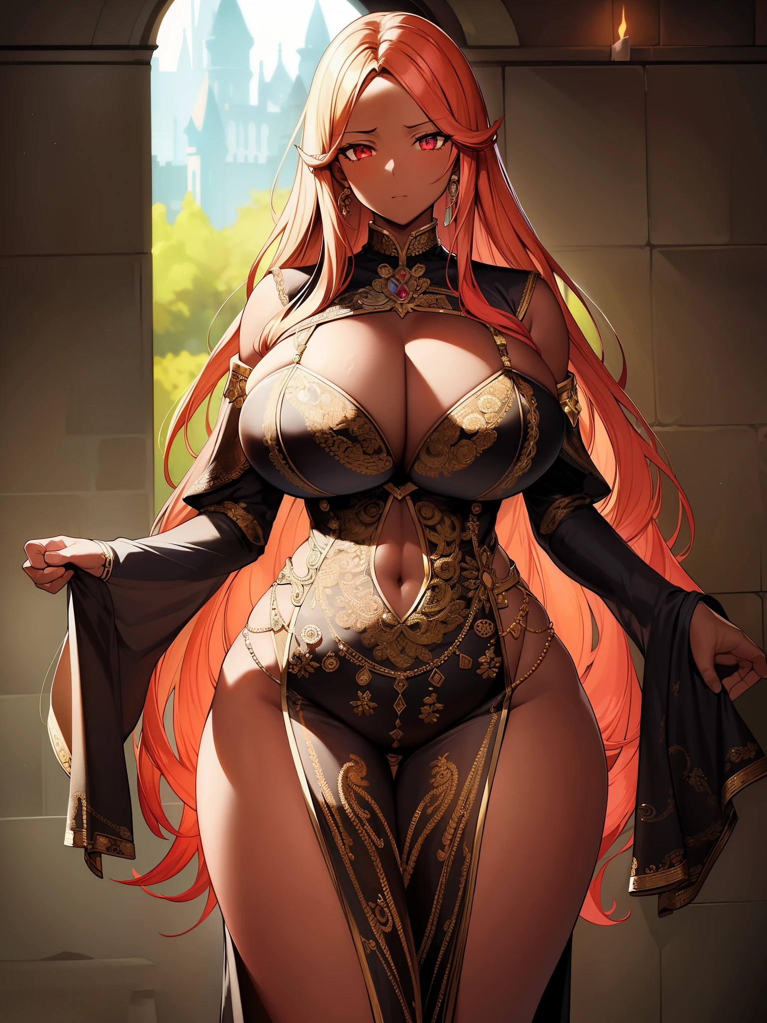 「((intricate details))、Cinematic shot of dark-skinned, busty woman with fiery flowing hair、HDR、((intricate details、Super detailed))、dramatic lighting、Huge、wide hips、thin waist