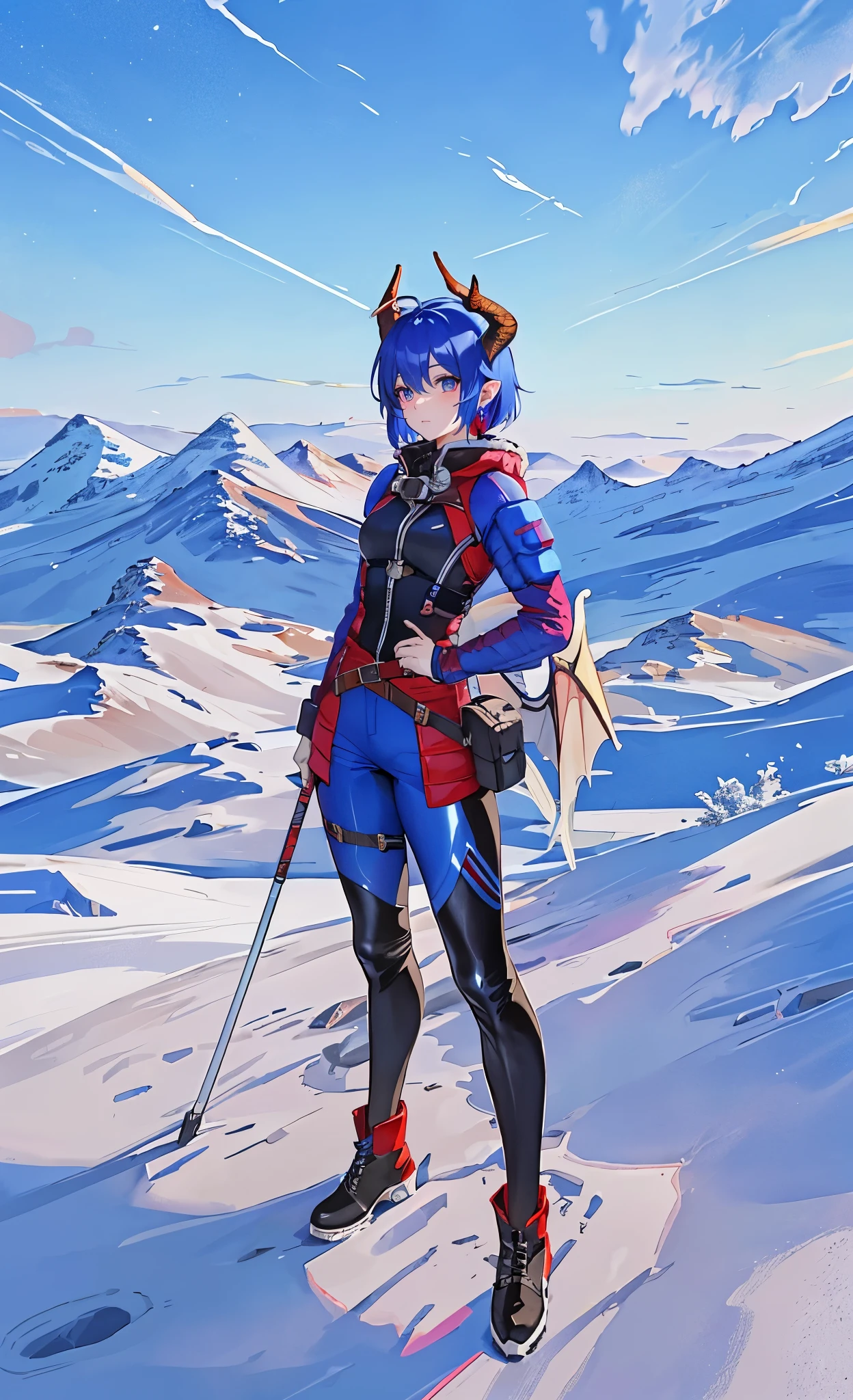 (Super short hair with blue and red highlights),close up,dream world,Dragon royal sister,dragon lady,Red and blue short hair,beautiful eyes,snow mountain tundra,polar bay,earrings,(goggles,Tight protective clothing),humanoid, polar tundra background,Explorer, her skin is white, fair complexion,(adventure tights,Tight pants,A pair of dragon horns and wings),boots,leather boots,