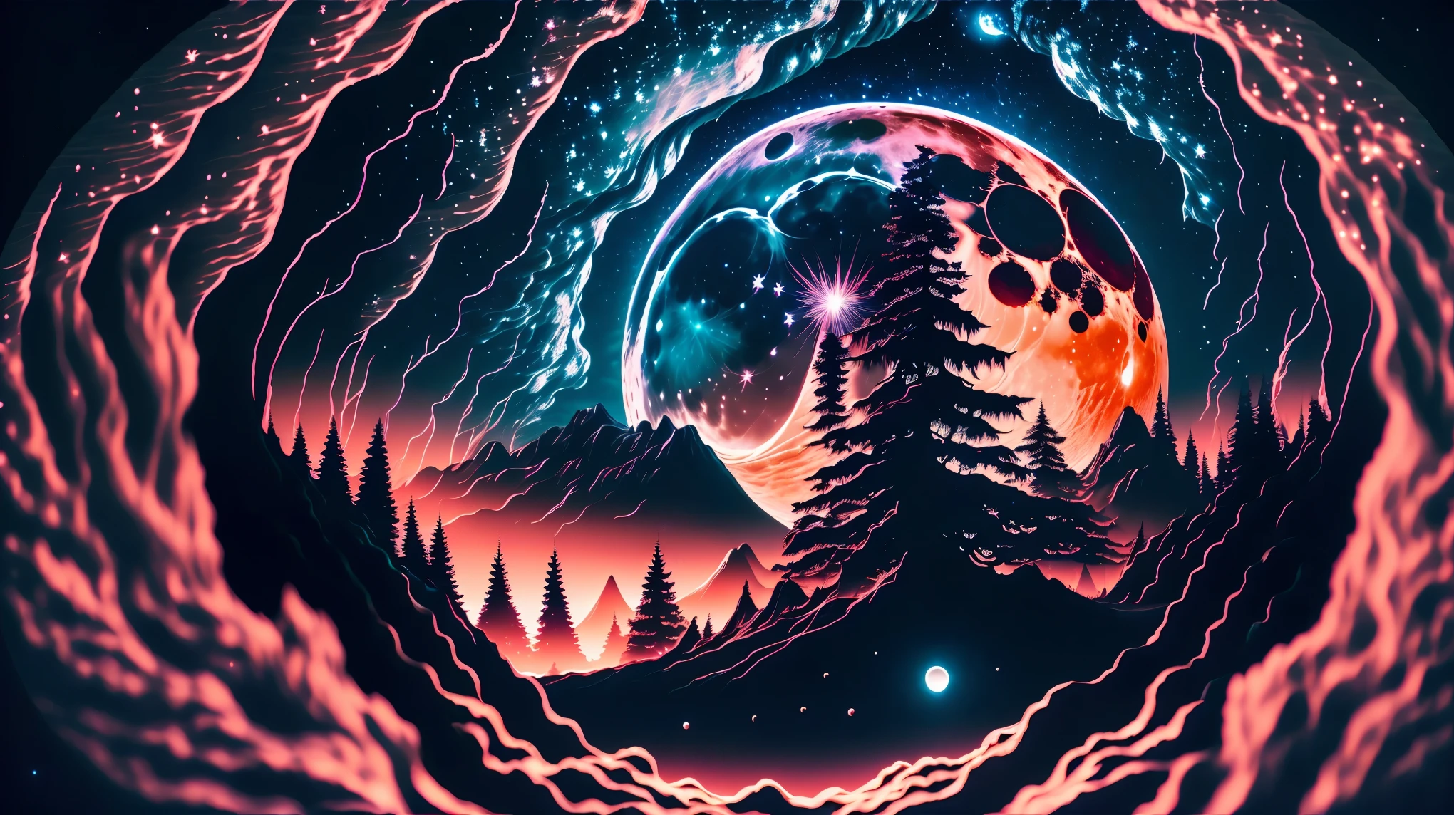 (8K, RAW photo, highest quality, masterpiece:1.2), 赤くBig Moon, full moon, Blood vessel-like streaks appearing on the moon&#39;s surface, Smoke、forest silhouette, starry sky, moon shining in the dark, Big Moon, big tree silhouette, ((wide angle lens:1.5, very detailed, photo shoot)),