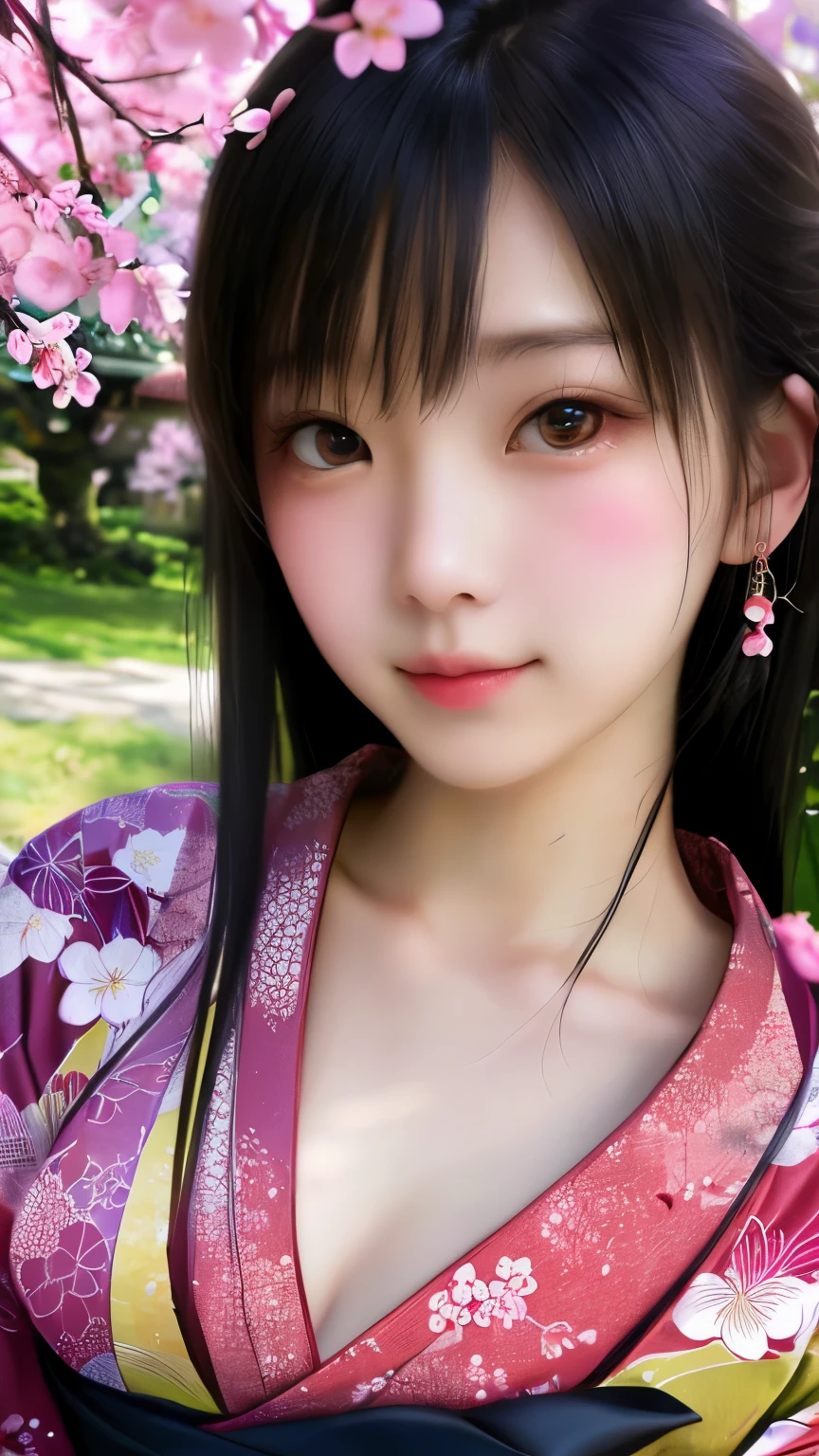 最high quality、high quality、best image quality、8K、最High resolution、High resolution、最high quality、masterpiece、Realistic human body with detailed details、Realistic skin in every detail、Realistic face in every detail、Realistic eyes in every detail、Realistic lips in every detail、Realistic teeth in every detail、Realistic ears with attention to detail、Realistic hair with detailed details、Realistic arms with attention to detail、Realistic hands with attention to detail、Realistic fingers with attention to detail、(fine hands、thumb１reference４)、Realistic legs with attention to detail、Realistic feet with attention to detail、((beautiful japanese girl))、(japanese model), (japanese woman)、((18 year old beautiful girl))、(black hair)、(straight hair)、((whole body))、((Beautiful breasts directed upwards、Medium chest))、(slim style、slender style)、(whole body光沢肌、Fair skin)、Detailed and realistic human body、detailed realistic skin、detailed realistic face、detailed realistic arms、Detailed realistic fingers、Detailed realistic feet、soft natural light、samurai kimono、maiko kimono、servant、geisha kimono、japanese kimono、Furisode、kimono、Yukata、japanese traditional、Samurai Residence、Japanese garden、((colorful transparent see-through(flowery kimono、Hakama with side slits))、((Under the cherry blossom tree in full bloom(Poses that make your thighs look sexy))、extreme close up