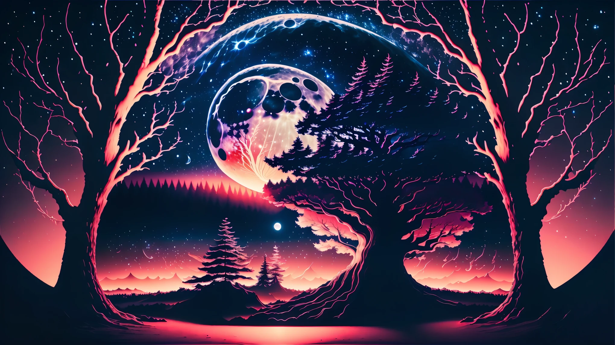 (8K, RAW photo, highest quality, masterpiece: 1.2), 赤くBig Moon, full moon, Blood vessel-like streaks appearing on the moon's surface, Smoke、forest silhouette, starry sky, moon shining in the dark, Big Moon, big tree silhouette, ((wide angle lens:1.5, very detailed, photo shoot)),