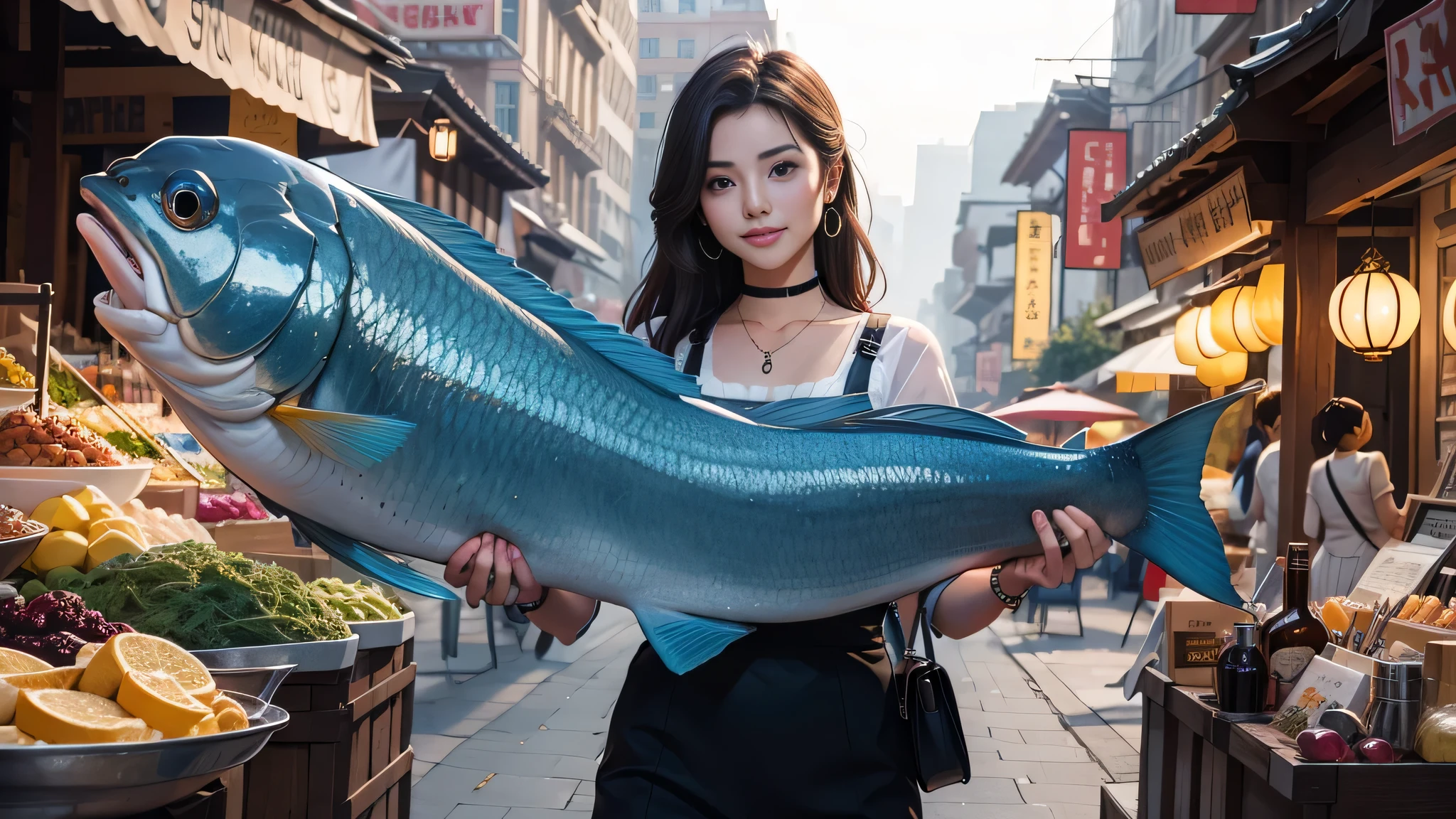 Beauty vendor,holding big fish in hand