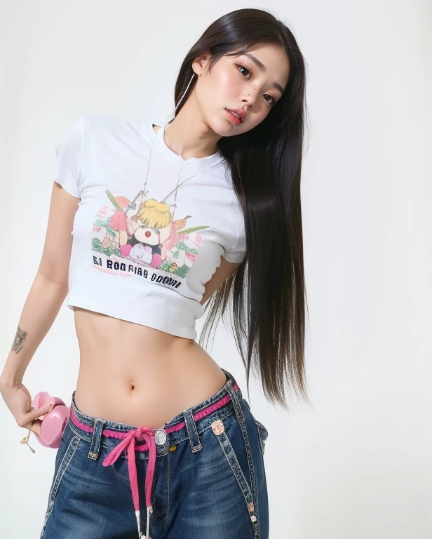 Chica de Araffe con cabello largo que viste una camisa blanca y jeans, foto de chica delgada model, jennie rosa negro, parque roseanne de blackpink, modelo de moda femenina coreana, heonhwa choe, con camiseta corta rota, jossi de blackpink, gongbi, foto de chica delgada, usando blusas cortas, vistiendo top corto, camisa y jeans kawaii