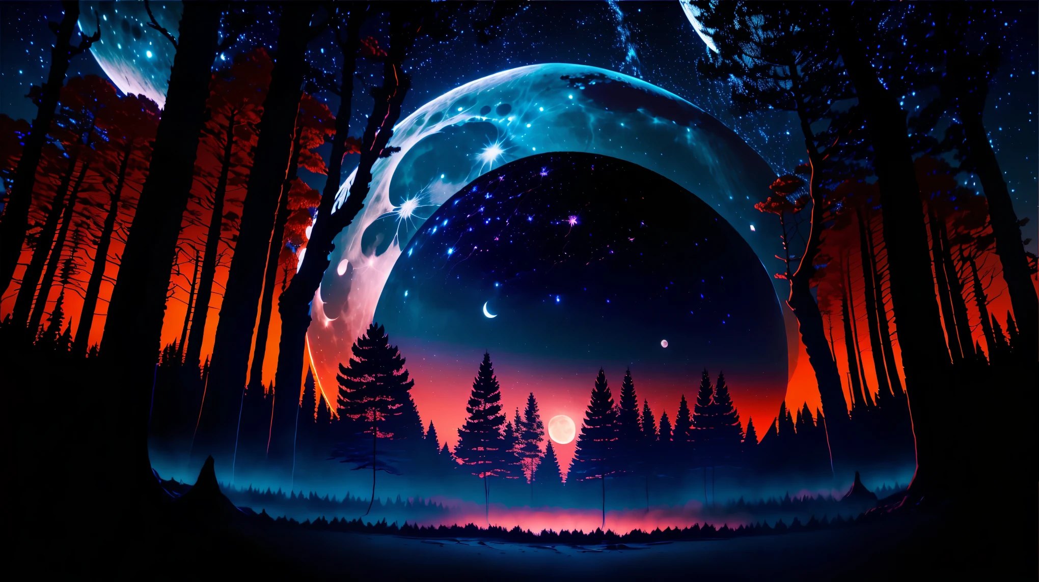(8K, RAW photo, highest quality, masterpiece:1.2), 赤くBig Moon, full moon, Blood vessel-like streaks appearing on the moon&#39;s surface, Smoke、forest silhouette, starry sky, moon shining in the dark, Big Moon, big tree silhouette, ((wide angle lens:1.5, very detailed, photo shoot)),