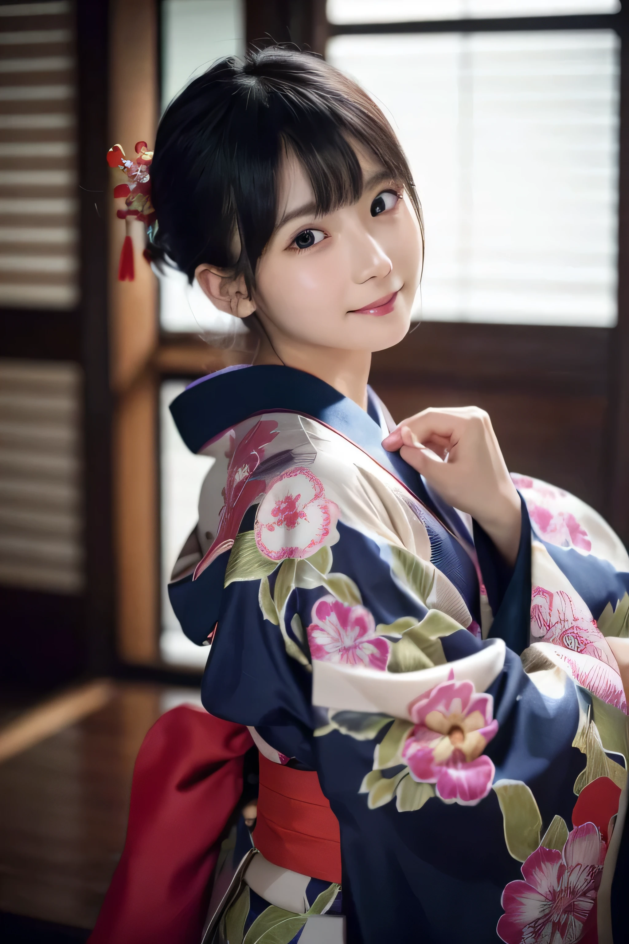 (kimono)、((15 years old))、random pose、(highest quality,masterpiece:1.3,ultra high resolution,),(Super detailed,caustics),(realistic:1.4,RAW shooting,)ultra-realistic capture,very detailed,High resolution 16K human skin closeup、 Natural skin texture、、Skin tone looks even and healthy、 Use natural light and color,1 girl,Japanese,,hip line, cute,black hair,medium hair,,smile,,(written boundary depth、chromatic aberration、、wide range of lighting、natural shading、)、