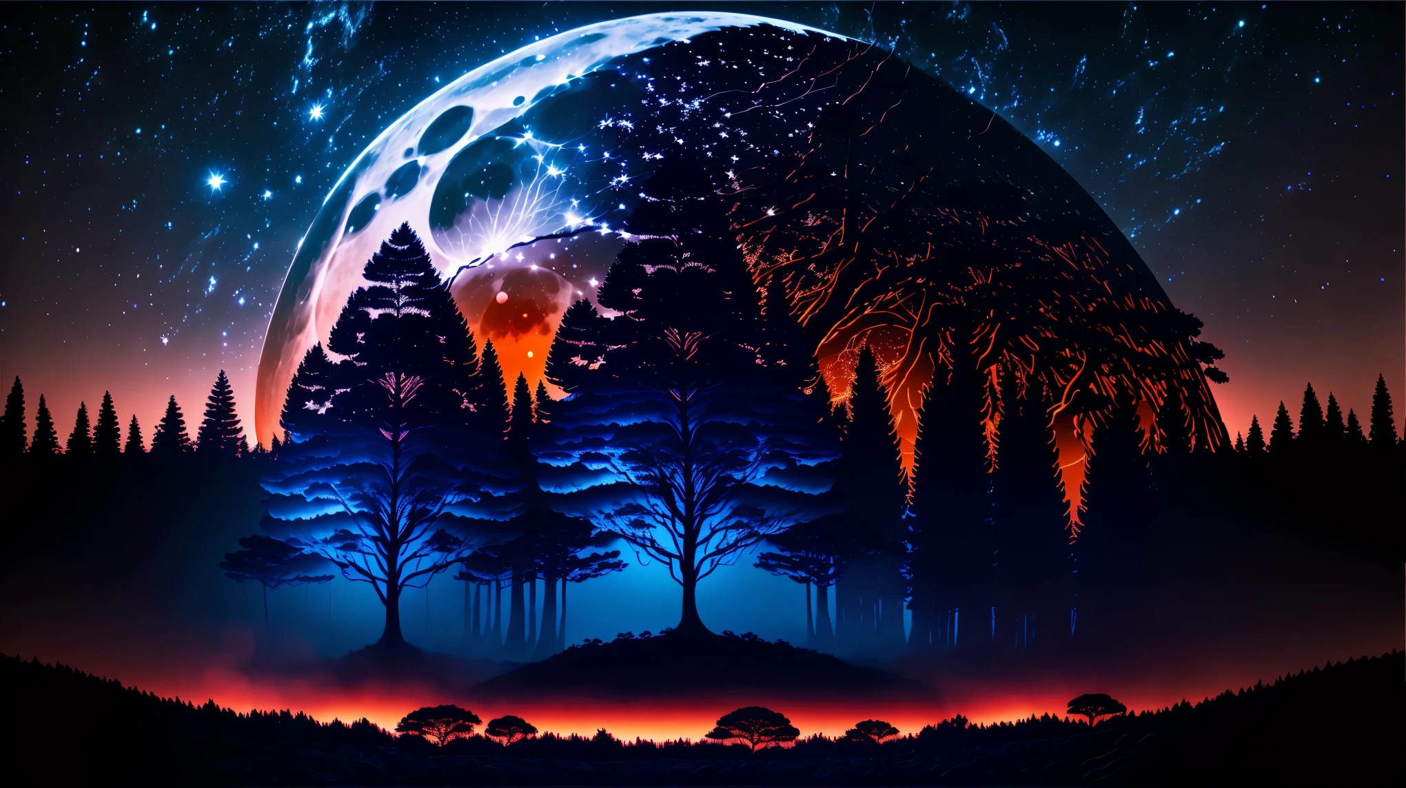 (8K, RAW photo, highest quality, masterpiece:1.2), 赤くBig Moon, full moon, Blood vessel-like streaks appearing on the moon&#39;s surface, Smoke、forest silhouette, starry sky, moon shining in the dark, Big Moon, big tree silhouette, ((wide angle lens:1.5, very detailed, photo shoot)),