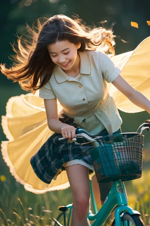 (highest quality, masterpiece), 1 girl, look down, Wind, particle, Style that emphasizes the chest, bright mood, whole body,trying to ride a bike
