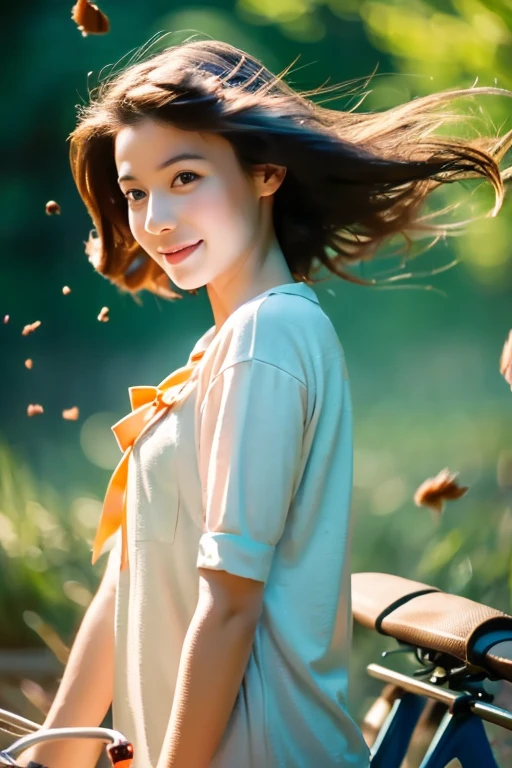 (highest quality, masterpiece), 1 girl, look down, Wind, particle, Style that emphasizes the chest, bright mood, whole body,trying to ride a bike