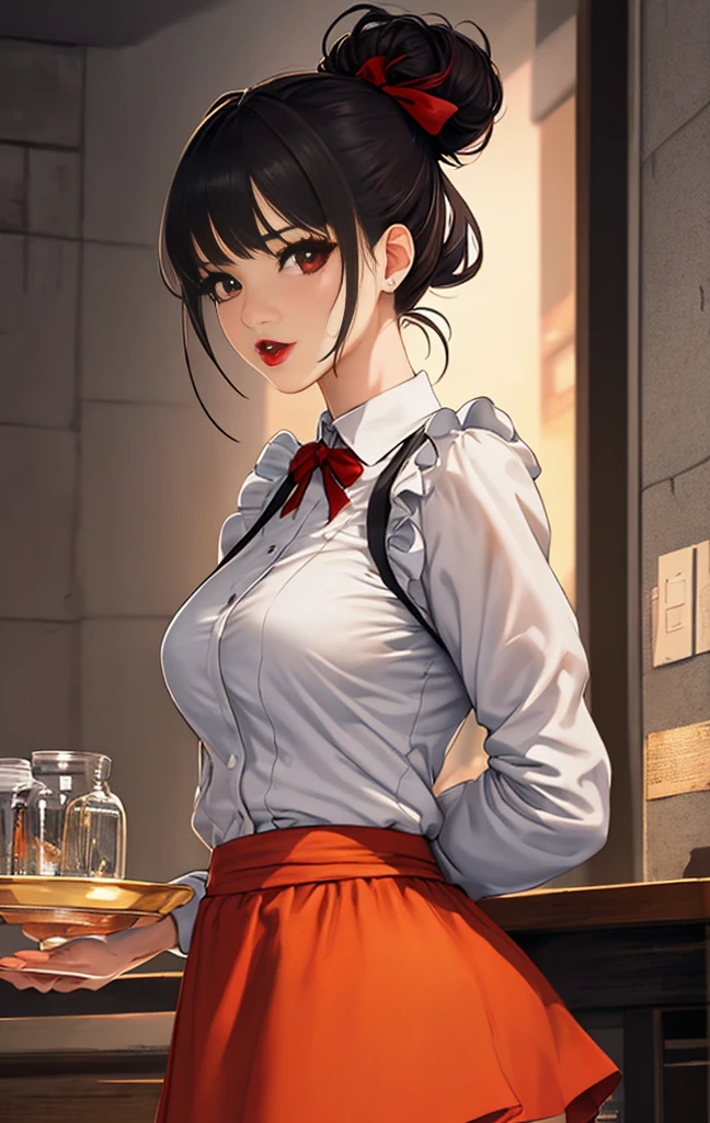 master piece,Best Quality,highest quality,Ultra-detailed,ultra high resolution,extremely detailed CG unity 8k wallpaper,Illustration,Detailed skin,Shiny skin,Realistic,Beautiful detailed eyes,luscious eyes,striking eyes,Perfect Anatomy, gleaming skin,oily skin,1girl in,Solo,(((upper body))),(((half updo,red lips))), waitress, apron,large breasts, orange skirt,(white shirt,ribon, thighhighs,red lips,
