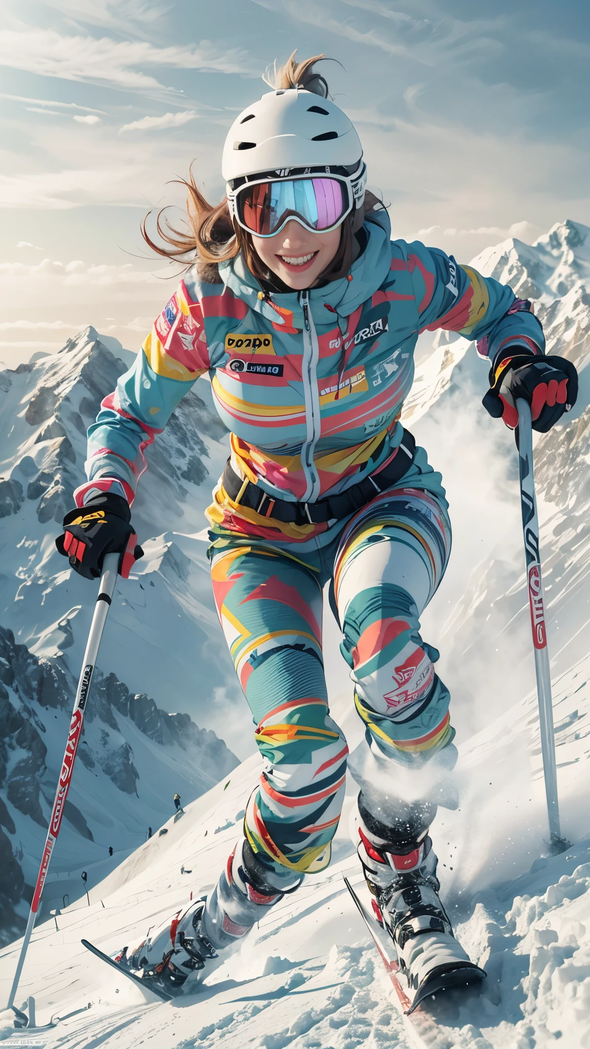 8k, best quality, highres, realistic, real person, A female skier, smiling joyfully and skiing down a breathtaking ski slope. She's wearing stylish ski attire and accessories, and her skis have artistic patterns on them, Big breasts, cleavage, beautiful legs, beautiful girl