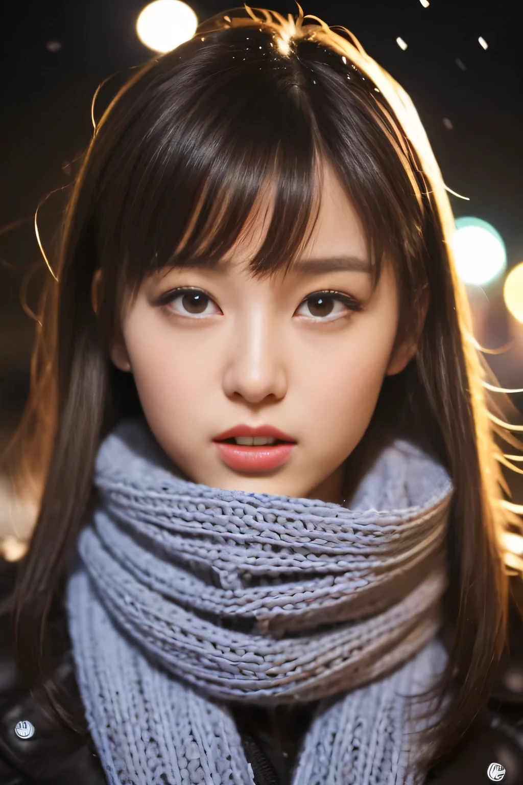 ((no makeup、close your mouth:1.2))、(realistic、Photoreal、Super detailed、best detailed skins、highest quality、masterpiece、ultra high resolution)、cute japanese woman、17 years old、high school girl、young girl、1 girl、have bangs、double eyelid、drooling eyes、Japanese style face、purity、double teeth、realistic肌タイプ、thick muffler、Grey muffler、fluffy hair、((hair is inside the scarf:1.3))、red cheeks、the wind is blowing、that'It's snowing、night、illumination、Light is coming in from behind