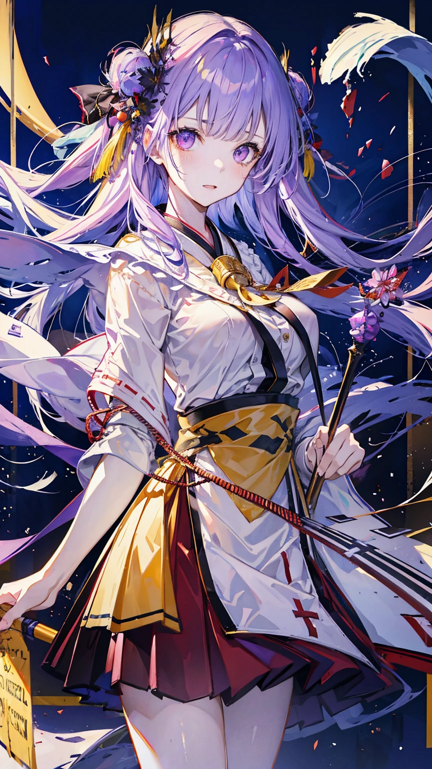 Sfw,1girl,solo,female photo,(heterochromia,purple eye,yellow eye),big breasts,beautiful face, navy long hair, shrine maiden outfit,red skirt,mysterious mood,in the night,moolight,best quality, high quality, masterpiece, HD,4K,8K