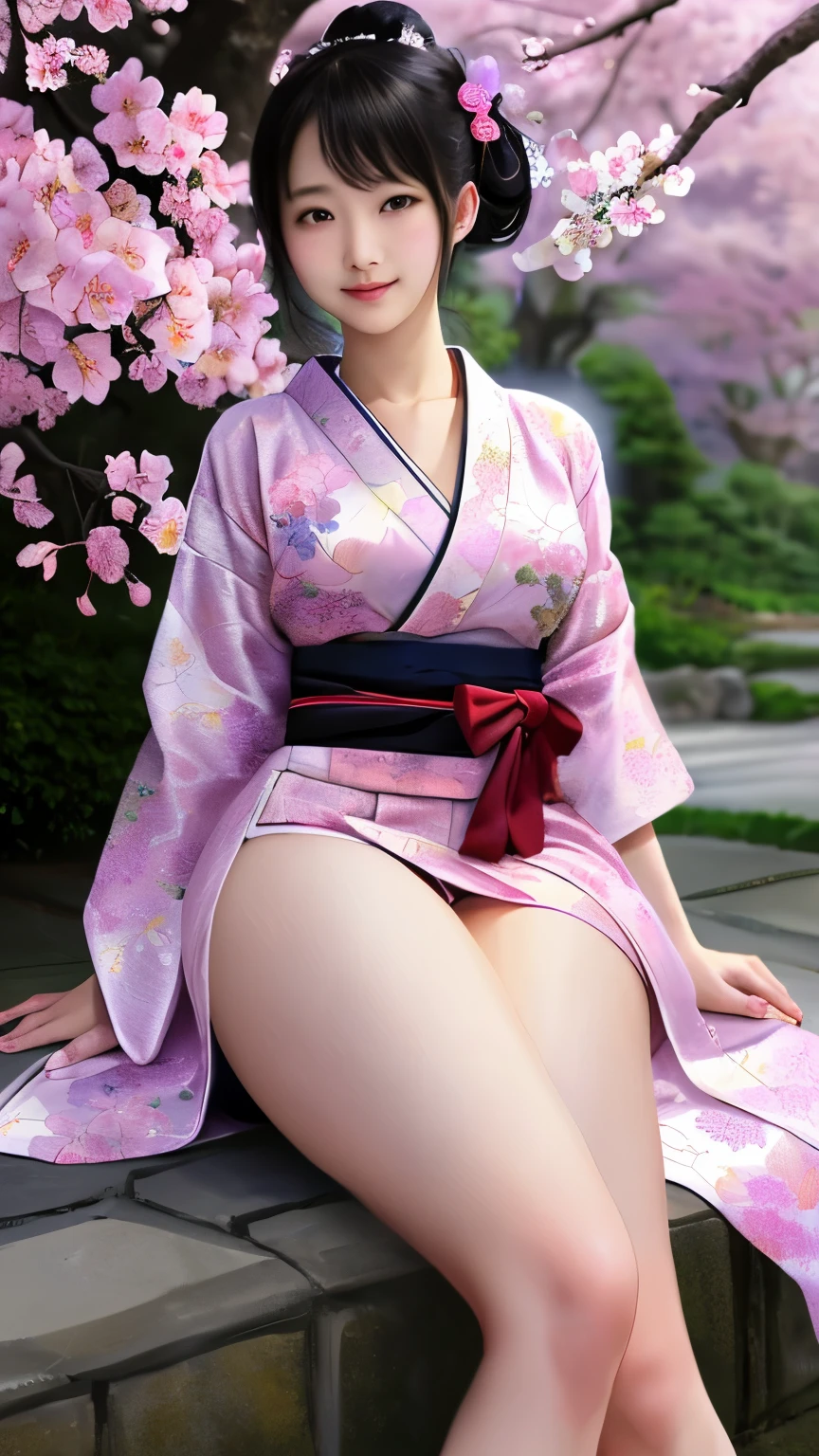 最high quality、high quality、best image quality、8K、最High resolution、High resolution、最high quality、masterpiece、Realistic human body with detailed details、Realistic skin in every detail、Realistic face in every detail、Realistic eyes in every detail、Realistic lips in every detail、Realistic teeth in every detail、Realistic ears with attention to detail、Realistic hair with detailed details、Realistic arms with attention to detail、Realistic hands with attention to detail、Realistic fingers with attention to detail、(fine hands、thumb1reference4)、Realistic legs with attention to detail、Realistic feet with attention to detail、((beautiful japanese girl))、(japanese model), (japanese woman)、((18 year old beautiful girl))、(black hair)、(straight hair)、((whole body))、((Beautiful breasts directed upwards、Medium chest))、(slim style、slender style)、(whole body光沢肌、Fair skin)、Detailed and realistic human body、detailed realistic skin、detailed realistic face、detailed realistic arms、Detailed realistic fingers、Detailed realistic feet、soft natural light、samurai kimono、maiko kimono、servant、geisha kimono、japanese kimono、Furisode、kimono、Yukata、japanese traditional、Samurai Residence、Japanese garden、((colorful transparent see-through(flowery kimono、Hakama with side slits))、((Under the cherry blossom tree in full bloom(Poses that make your thighs look sexy))